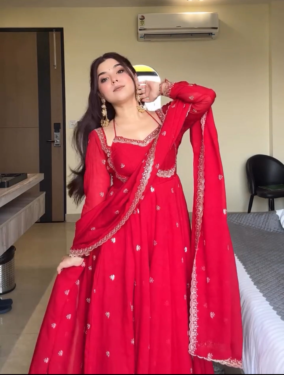 Yash Enterprise Red Havy Foux Goargate Party Wear Ebroidery Suit Set | Grocsy