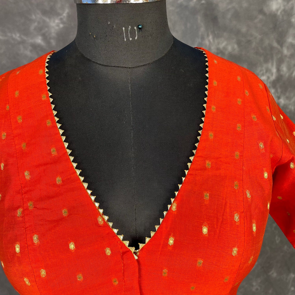 Rakhtbeej Medium Burnt Orange Coloured Chanderi with Gold Butta Weaving Ready to Wear Blouse - kapda Tailor | Grocsy