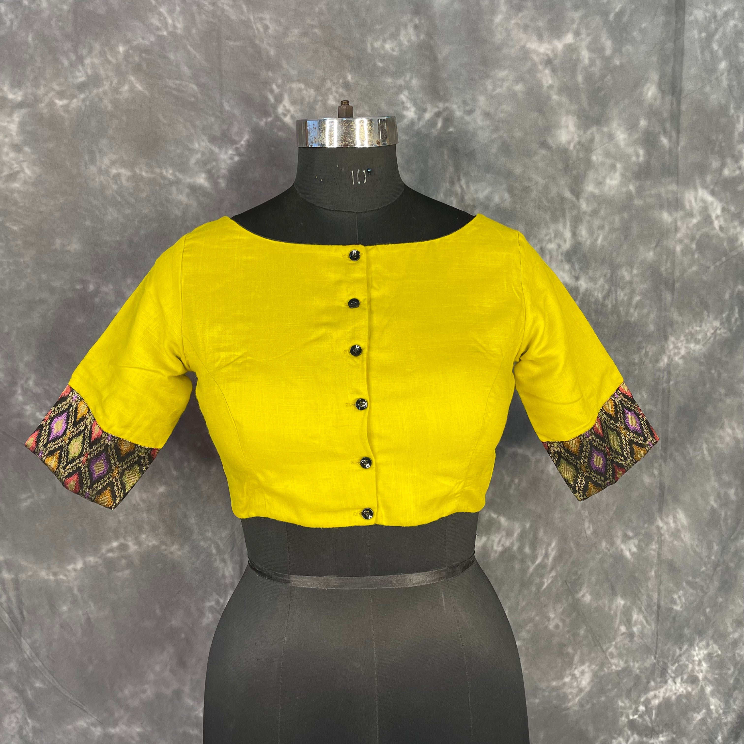 Kachha Nimboo Lemon Yellow Coloured Cotton /Jackard Ready to Wear Blouse - kapda Tailor | Grocsy