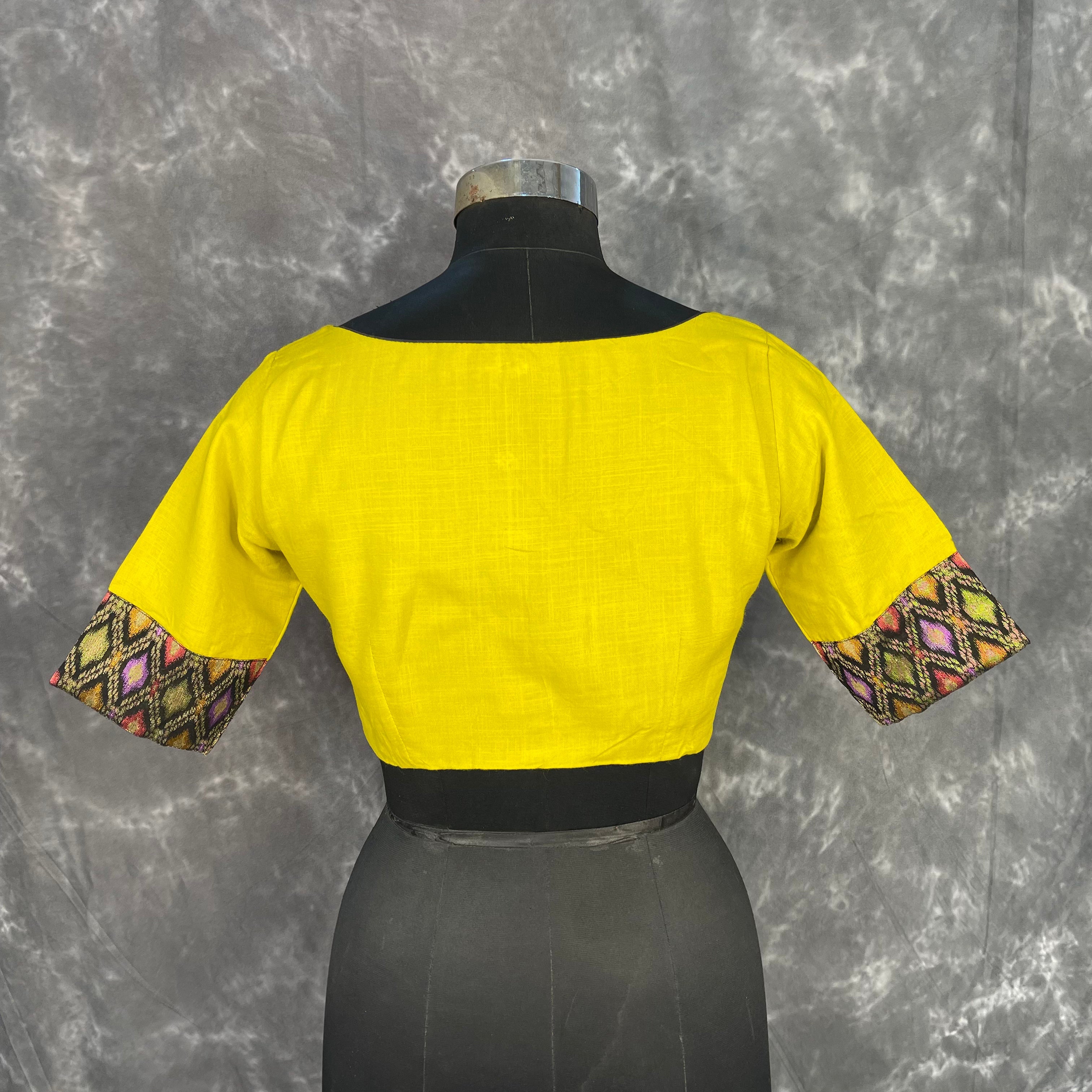 Kachha Nimboo Lemon Yellow Coloured Cotton /Jackard Ready to Wear Blouse - kapda Tailor | Grocsy