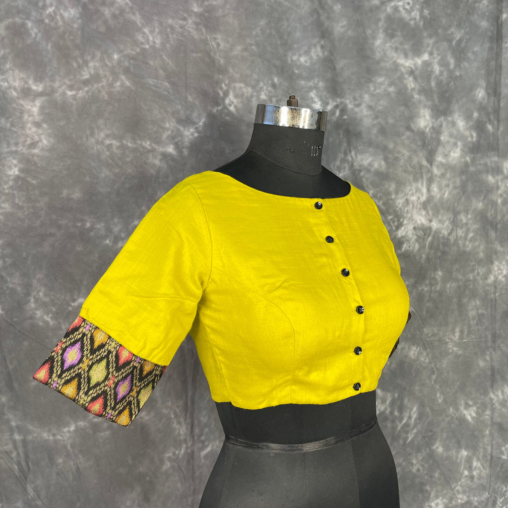 Kachha Nimboo Lemon Yellow Coloured Cotton /Jackard Ready to Wear Blouse - kapda Tailor | Grocsy