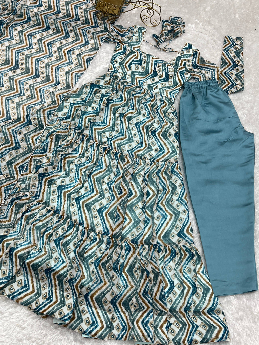 Lorenvalley Fashion Skyblue Pure Faux Georgette Zigzag Print Fully Flair Anarkali Pant With Dupatta - Skyblue | Grocsy