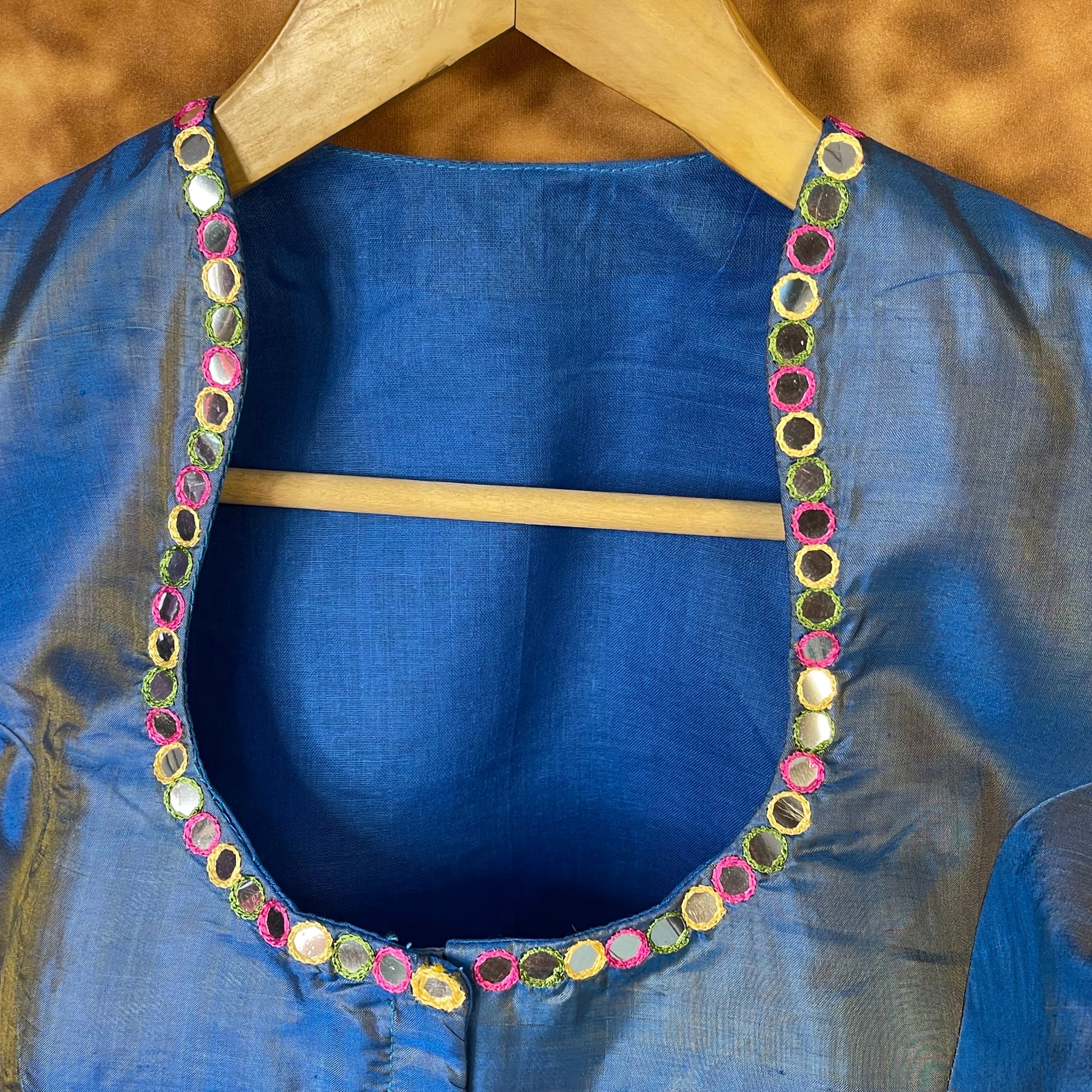 Aurelia Blue Blue Coloured Silk Ready to Wear Blouse - kapda Tailor | Grocsy