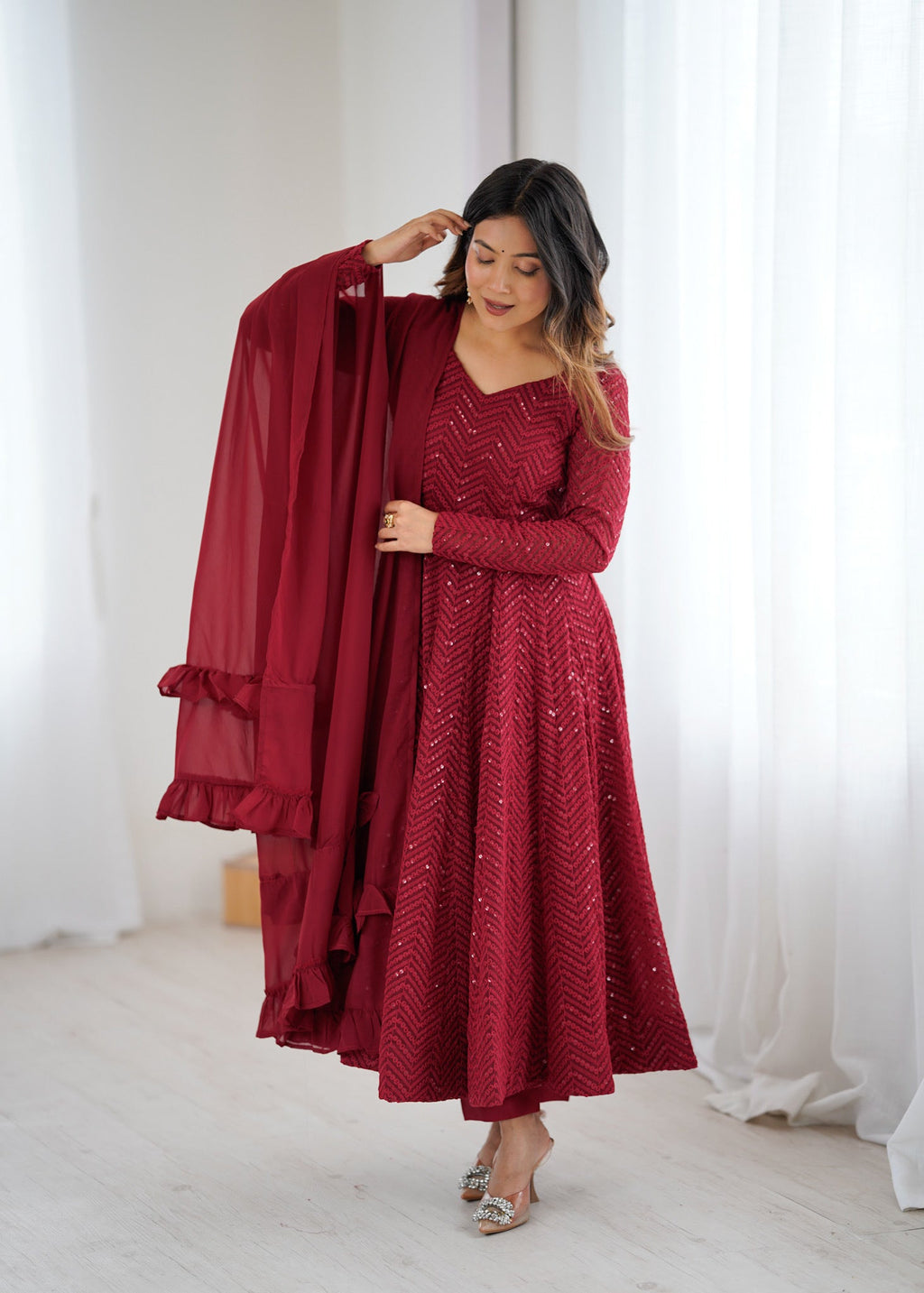 Evanik Maroon Heavy Faux Georgette With Lucknowi Work Anarkali Suit | Grocsy