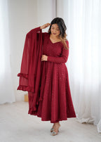Evanik Maroon Heavy Faux Georgette With Lucknowi Work Anarkali Suit | Grocsy