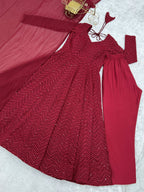 Evanik Maroon Heavy Faux Georgette With Lucknowi Work Anarkali Suit | Grocsy
