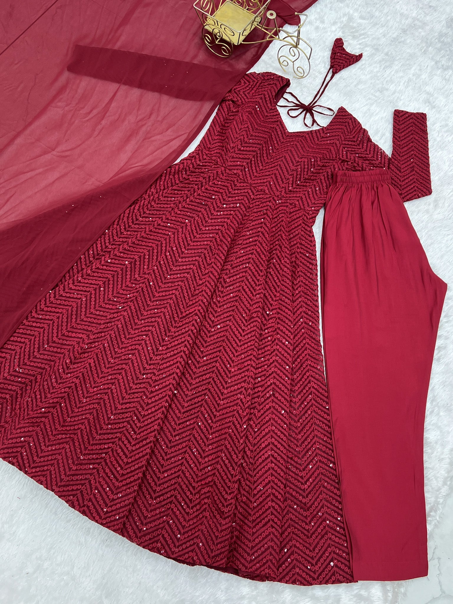 Evanik Maroon Heavy Faux Georgette With Lucknowi Work Anarkali Suit | Grocsy