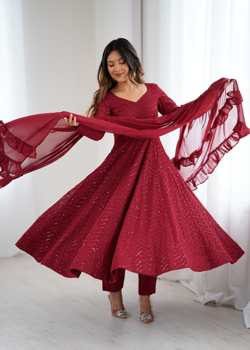 Evanik Maroon Heavy Faux Georgette With Lucknowi Work Anarkali Suit | Grocsy