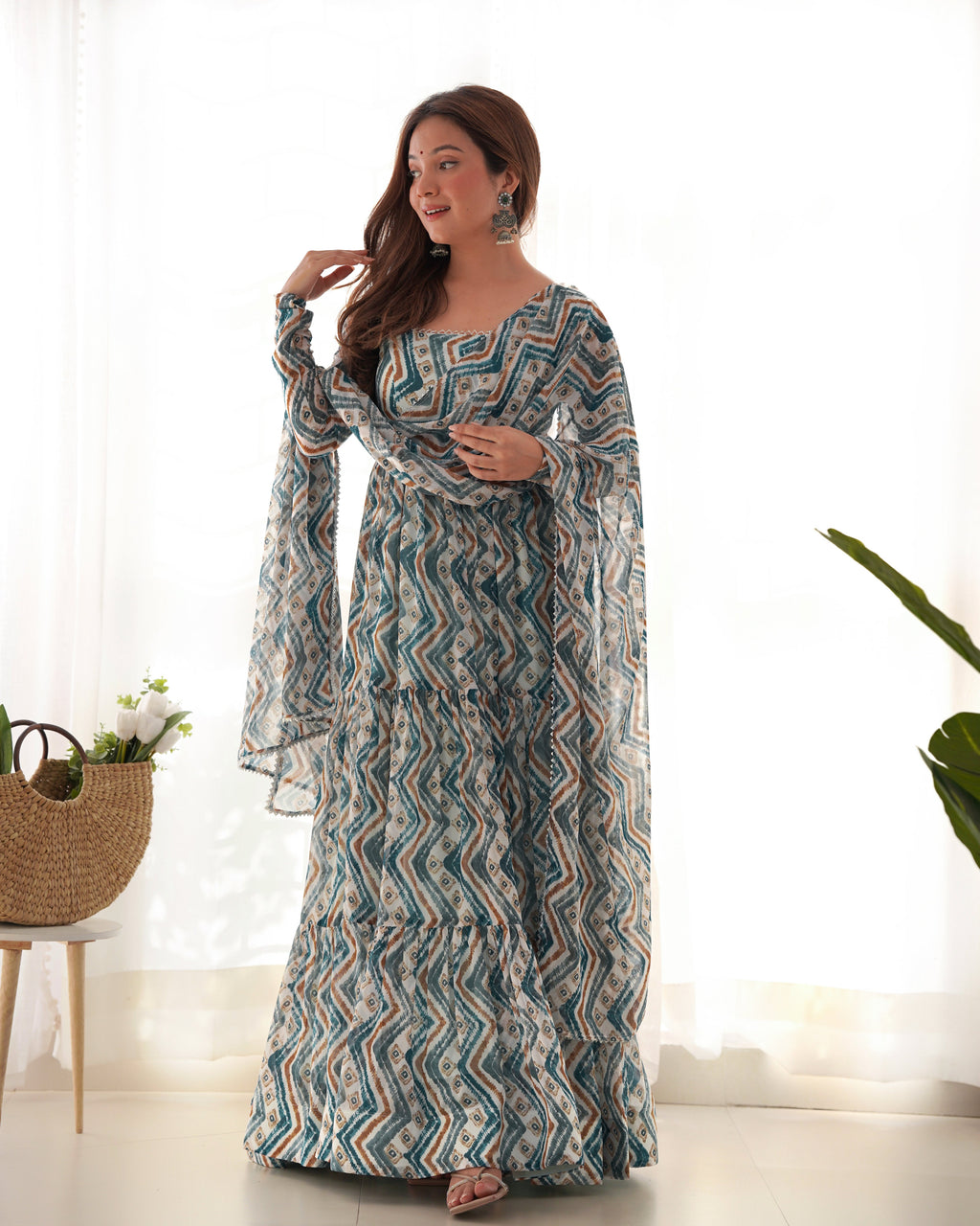 Lorenvalley Fashion Skyblue Pure Faux Georgette Zigzag Print Fully Flair Anarkali Pant With Dupatta - Skyblue | Grocsy