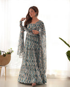 Lorenvalley Fashion Skyblue Pure Faux Georgette Zigzag Print Fully Flair Anarkali Pant With Dupatta - Skyblue | Grocsy