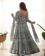 Lorenvalley Fashion Skyblue Pure Faux Georgette Zigzag Print Fully Flair Anarkali Pant With Dupatta - Skyblue | Grocsy