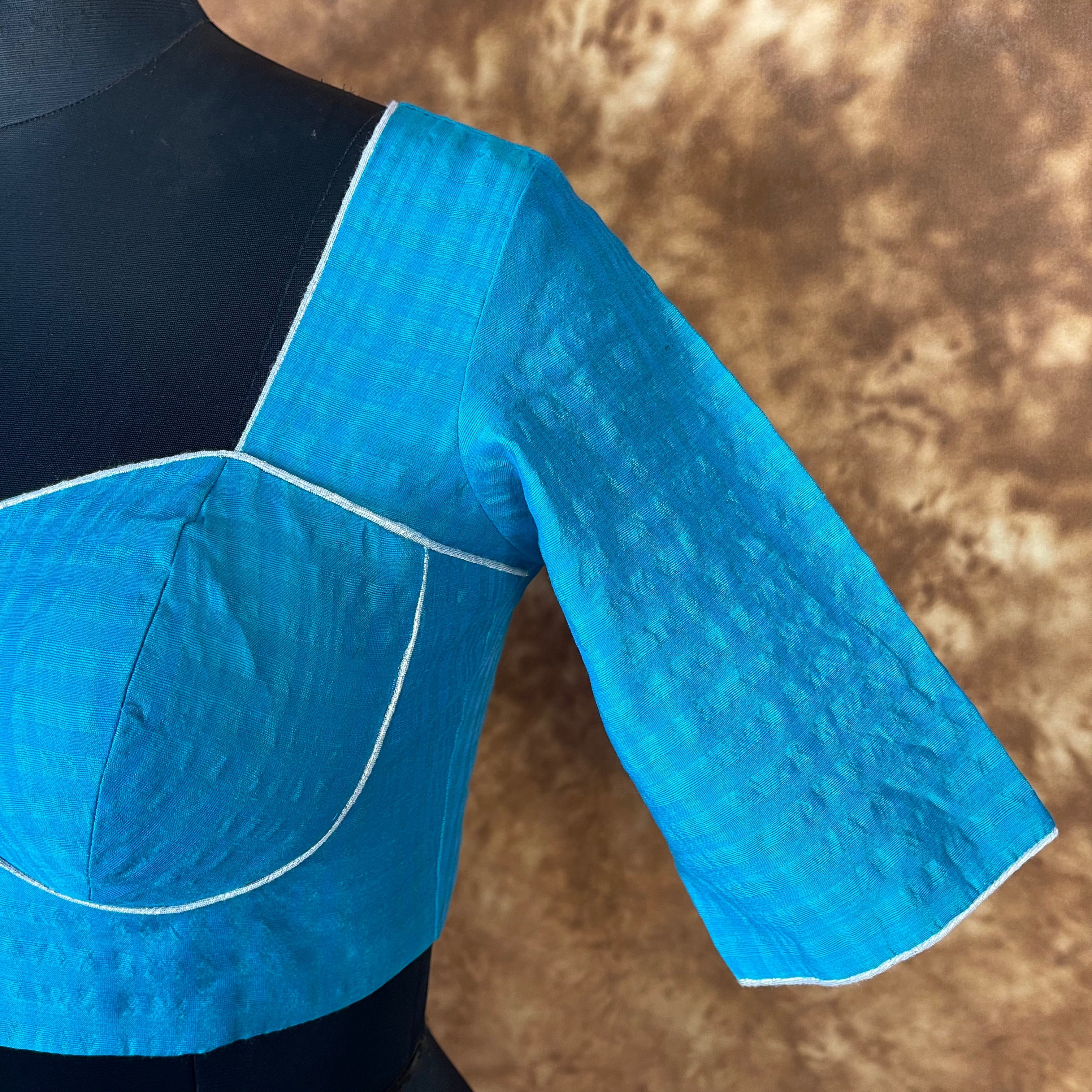 Streaks of Blue Light Blue Coloured Chanderi Silk Ready to Wear Blouse - kapda Tailor | Grocsy