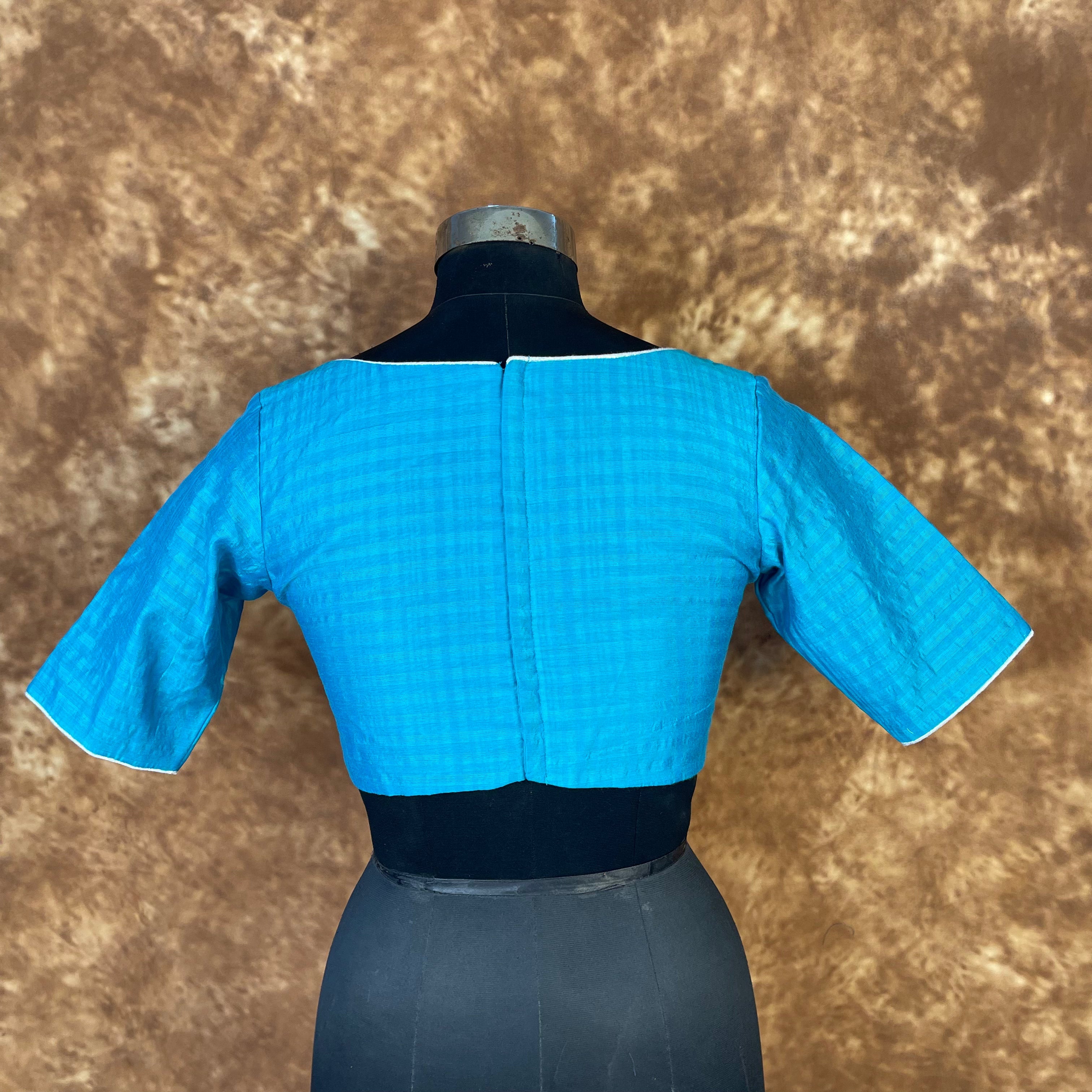 Streaks of Blue Light Blue Coloured Chanderi Silk Ready to Wear Blouse - kapda Tailor | Grocsy