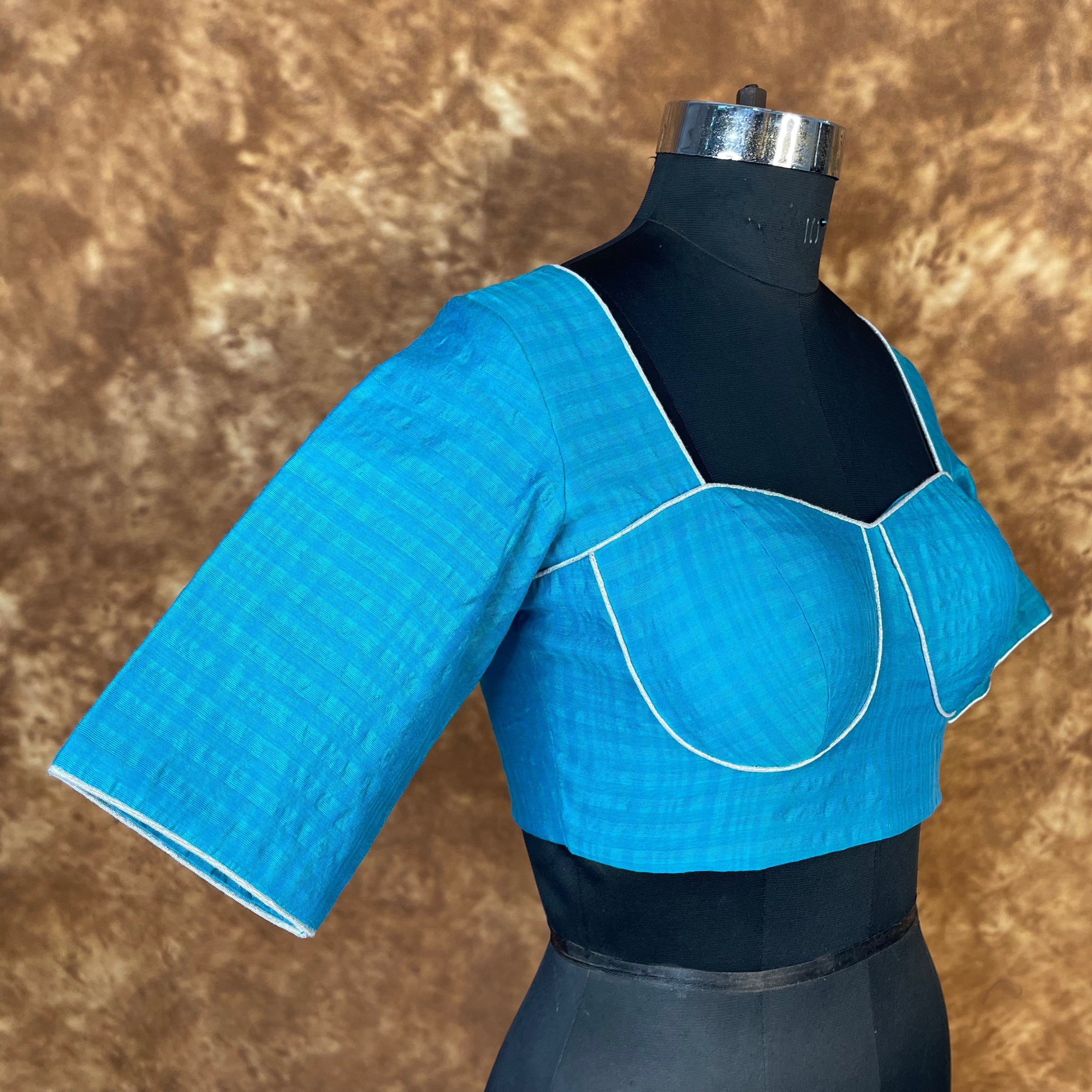 Streaks of Blue Light Blue Coloured Chanderi Silk Ready to Wear Blouse - kapda Tailor | Grocsy