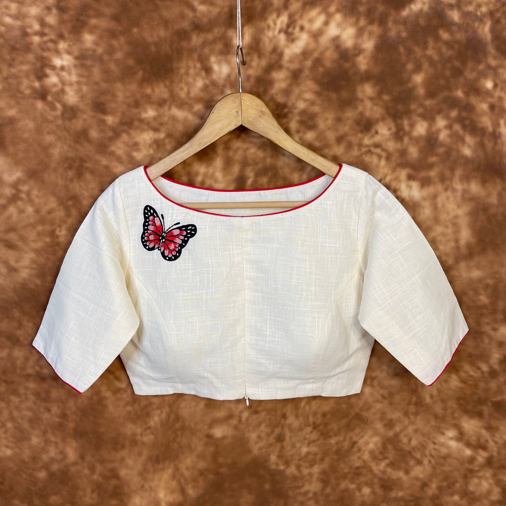 Butterfly Nector Off White Coloured Slub Cotton Ready to Wear Blouse - kapda Tailor | Grocsy