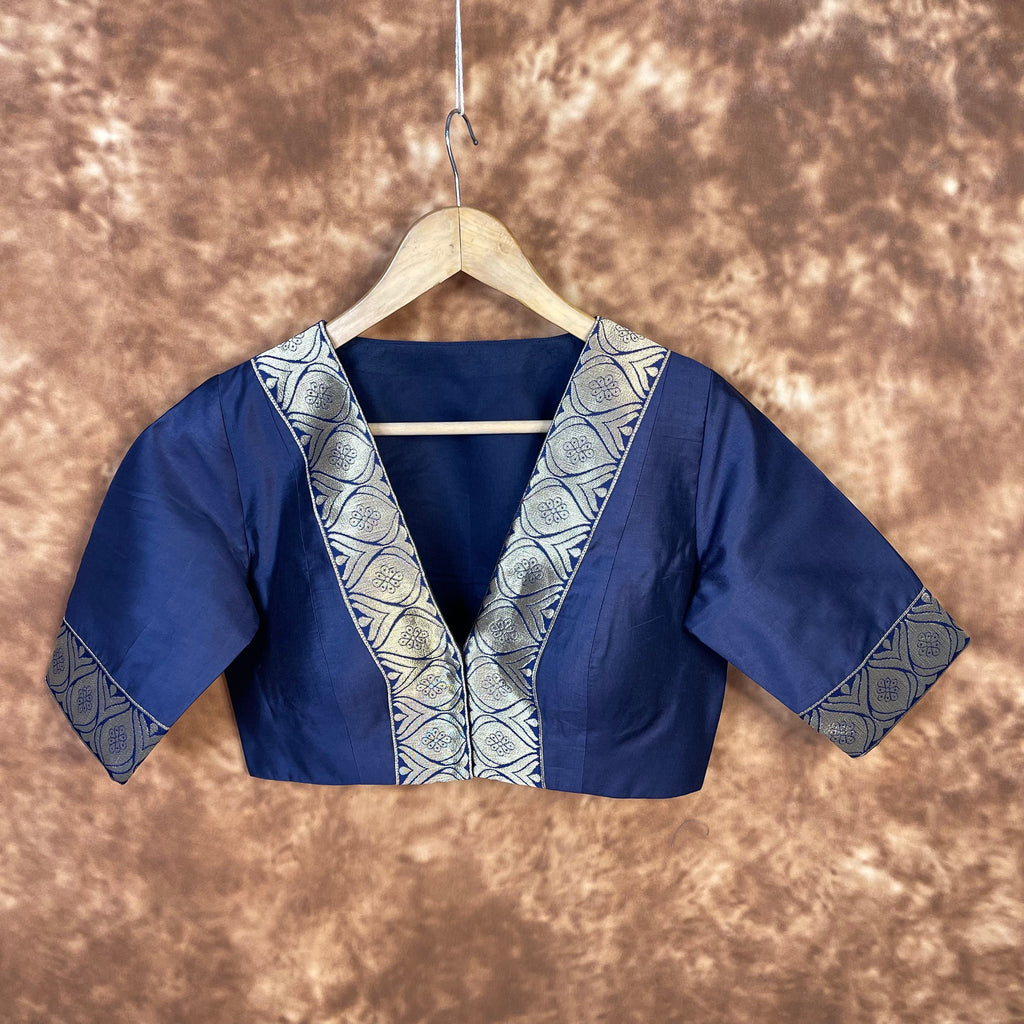Deep Dive Lush Blue Coloured Silk / Broket Ready to Wear Blouse - kapda Tailor | Grocsy