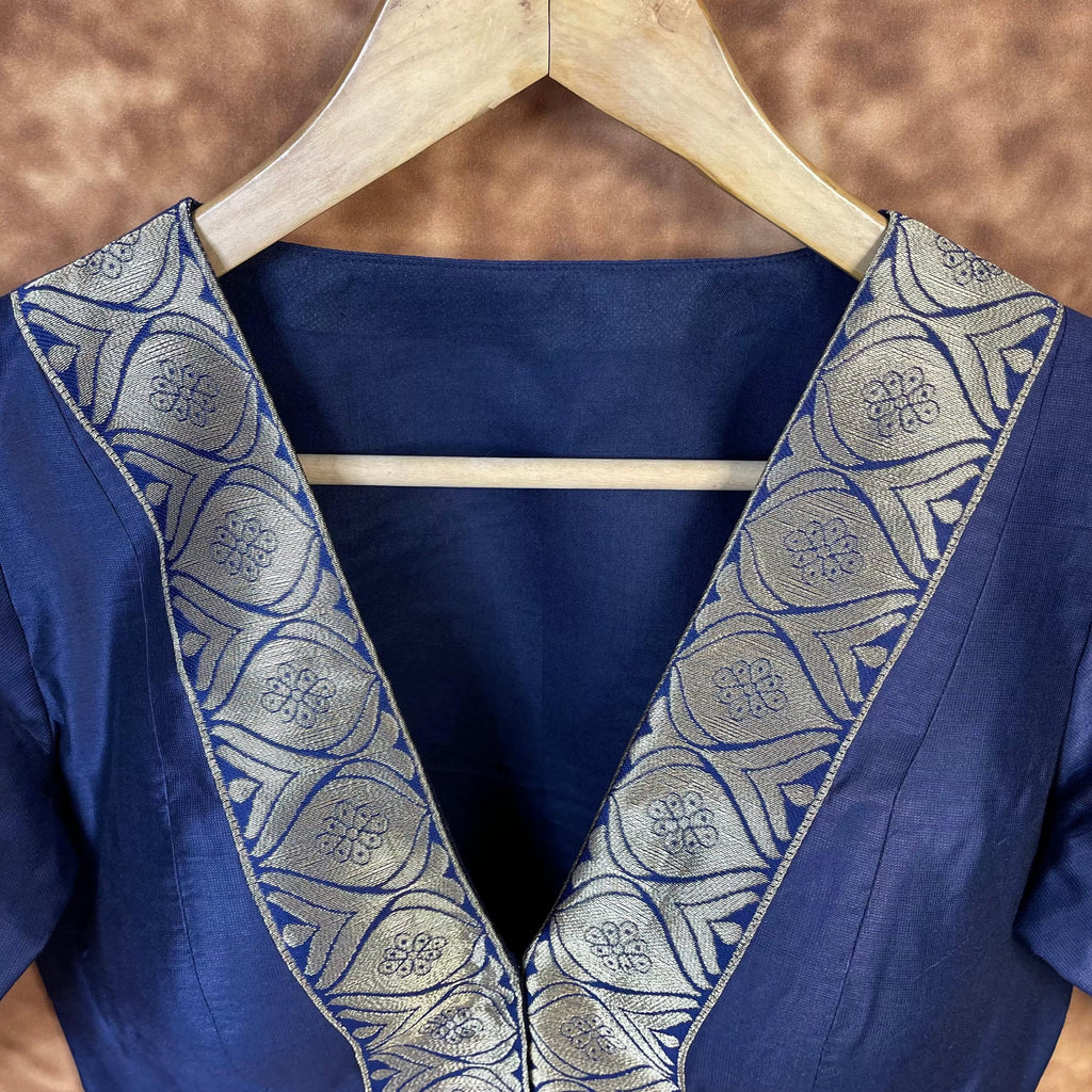 Deep Dive Lush Blue Coloured Silk / Broket Ready to Wear Blouse - kapda Tailor | Grocsy