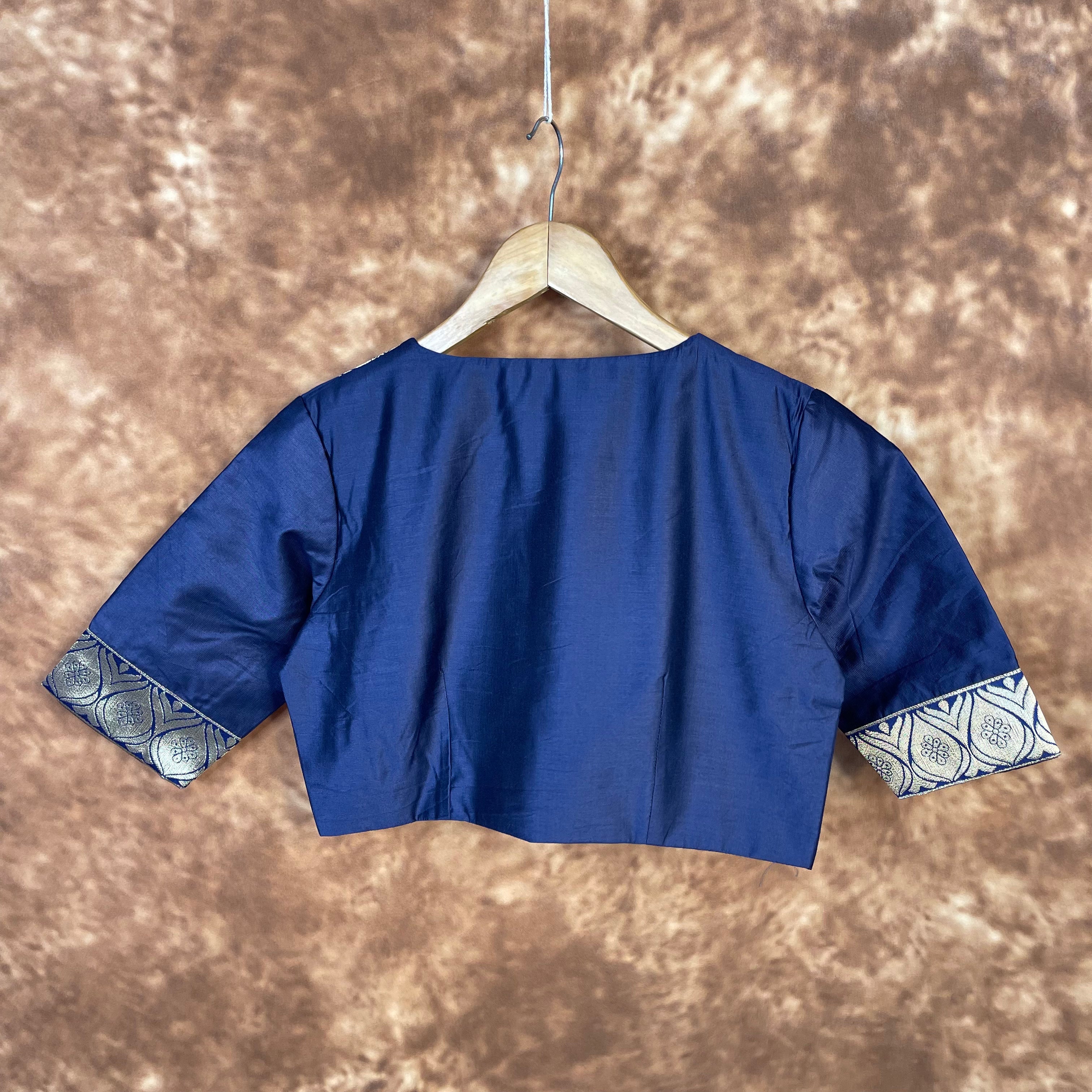 Deep Dive Lush Blue Coloured Silk / Broket Ready to Wear Blouse - kapda Tailor | Grocsy