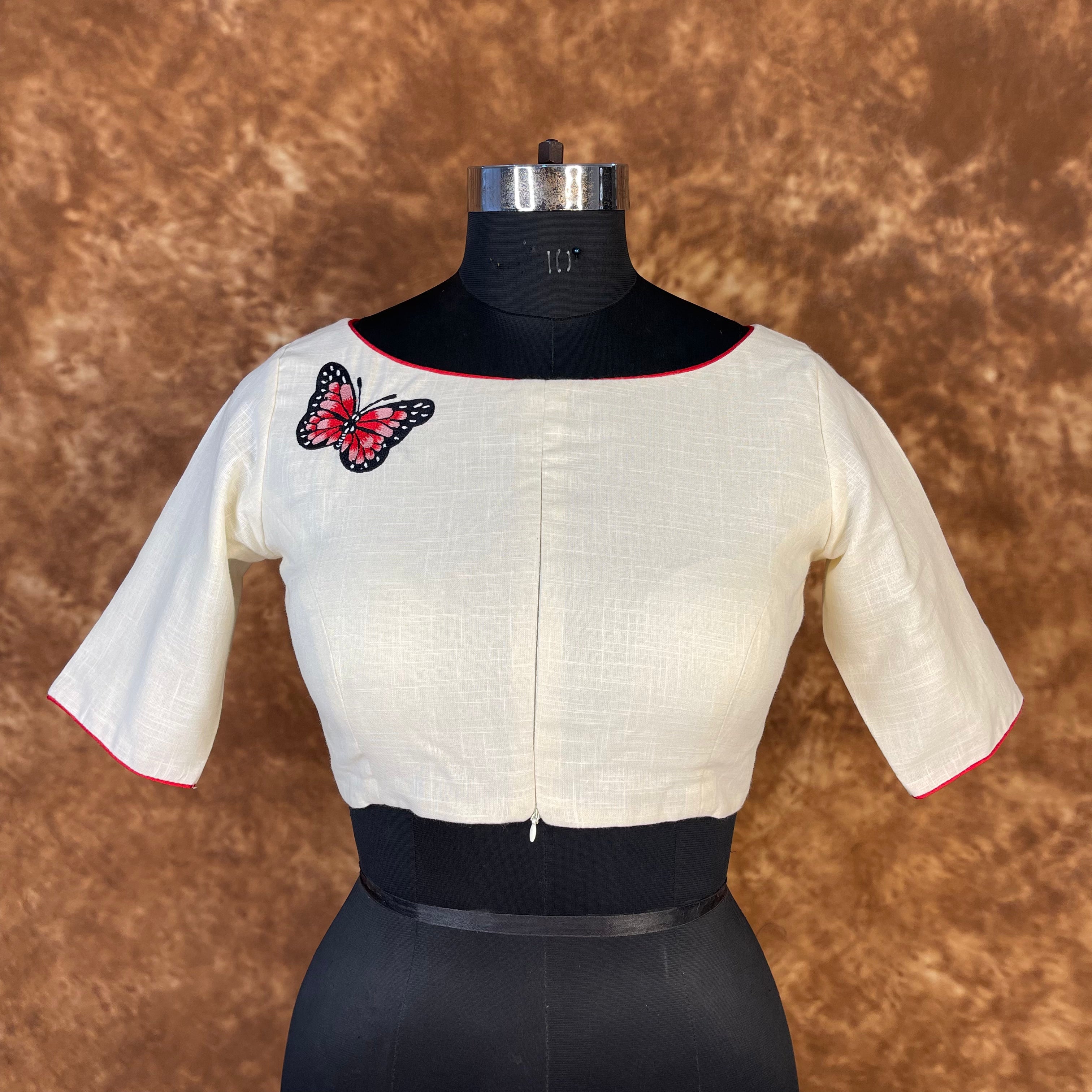 Butterfly Nector Off White Coloured Slub Cotton Ready to Wear Blouse - kapda Tailor | Grocsy