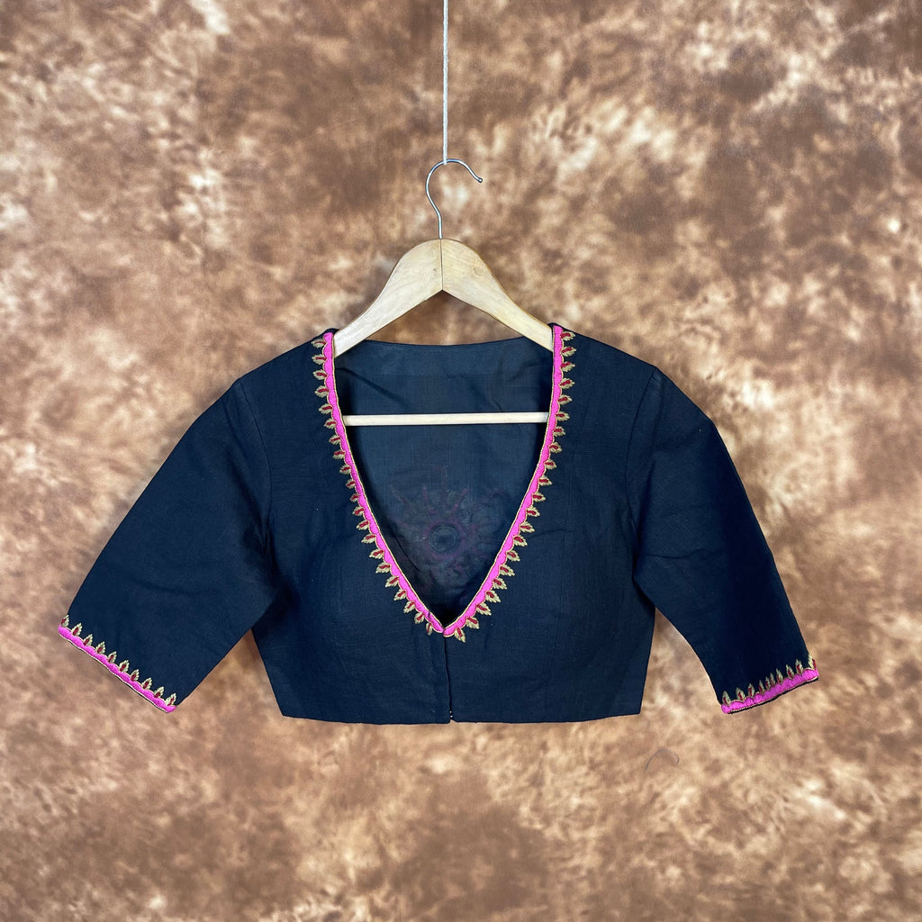 Vivaciously Vibrant Black Coloured Slub Cotton Ready to Wear Blouse - kapda Tailor | Grocsy