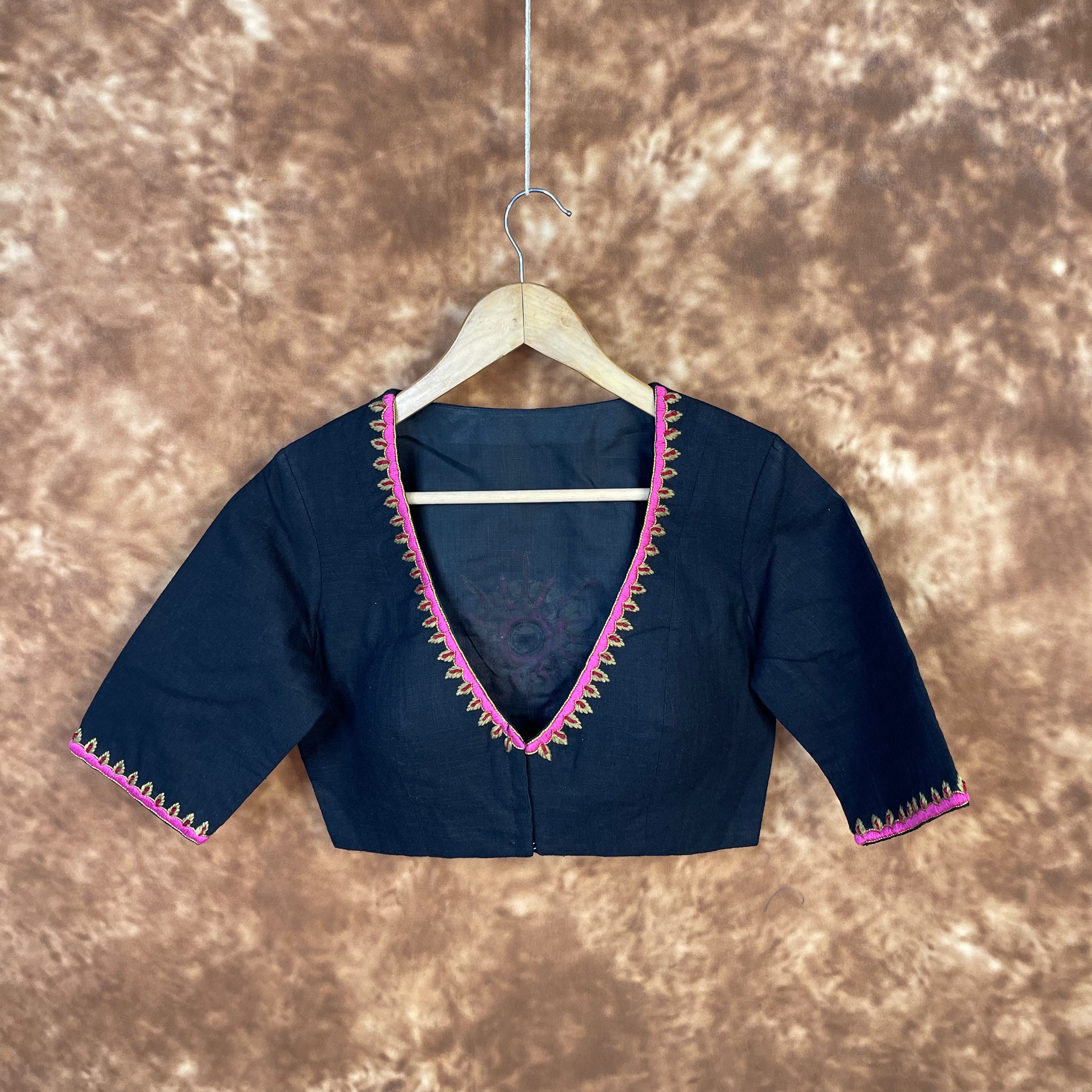 Vivaciously Vibrant Black Coloured Slub Cotton Ready to Wear Blouse - kapda Tailor | Grocsy