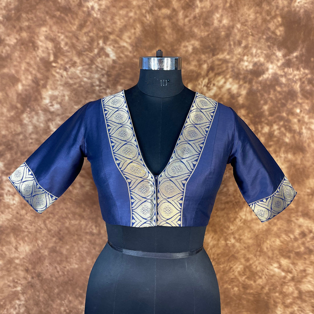 Deep Dive Lush Blue Coloured Silk / Broket Ready to Wear Blouse - kapda Tailor | Grocsy