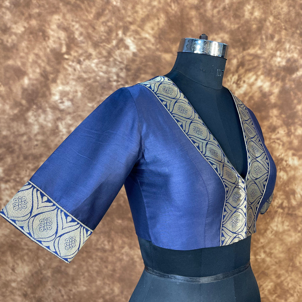 Deep Dive Lush Blue Coloured Silk / Broket Ready to Wear Blouse - kapda Tailor | Grocsy