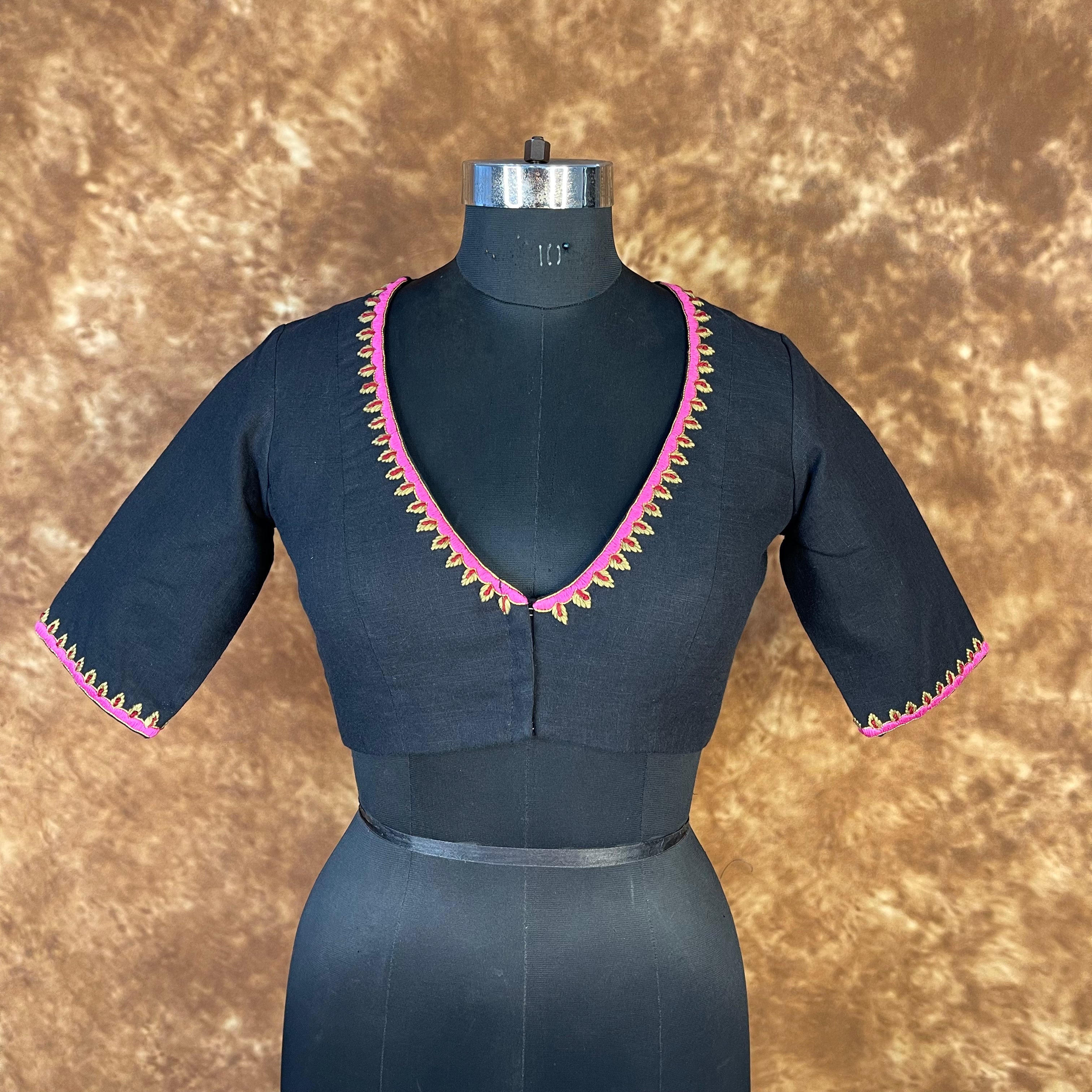 Vivaciously Vibrant Black Coloured Slub Cotton Ready to Wear Blouse - kapda Tailor | Grocsy