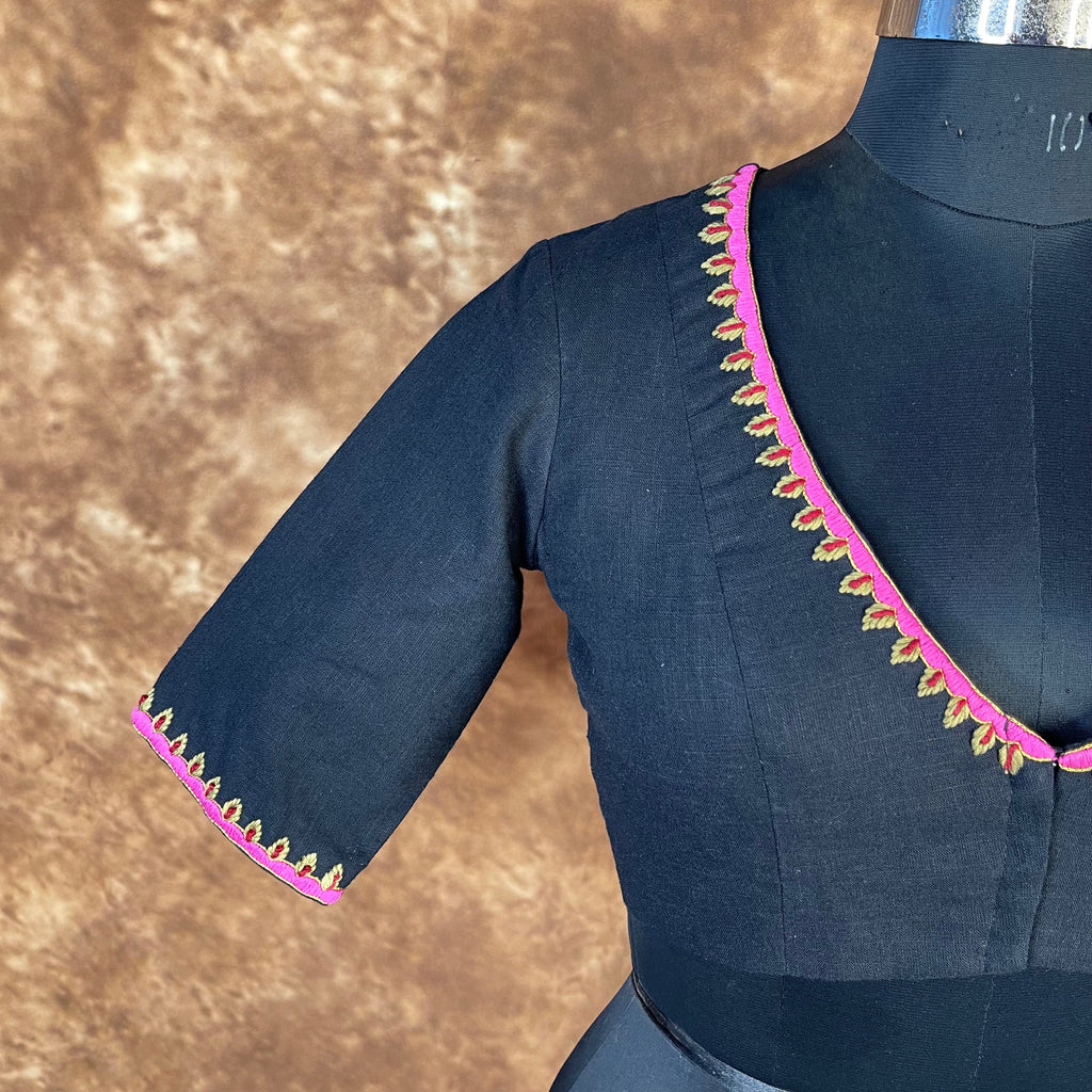 Vivaciously Vibrant Black Coloured Slub Cotton Ready to Wear Blouse - kapda Tailor | Grocsy