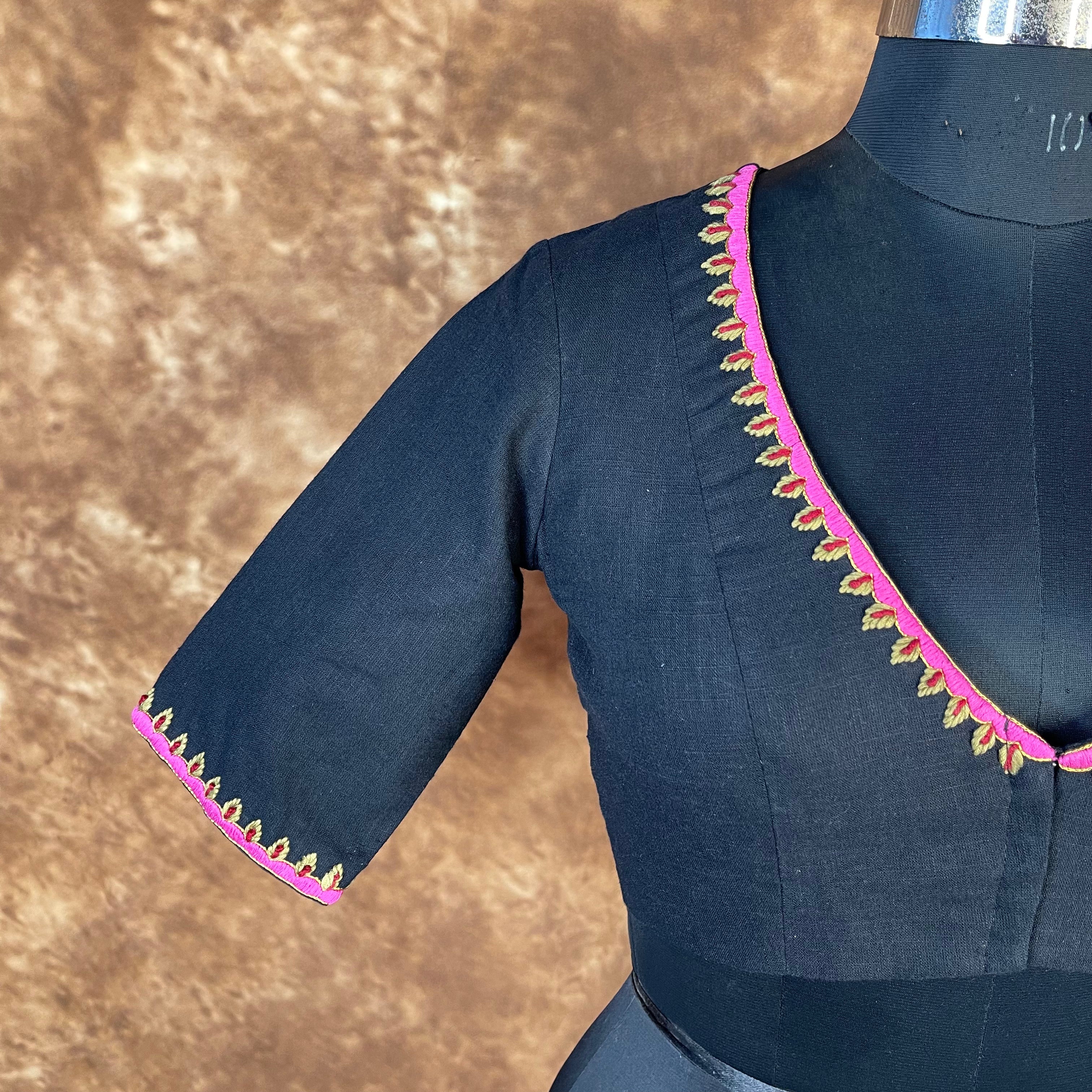 Vivaciously Vibrant Black Coloured Slub Cotton Ready to Wear Blouse - kapda Tailor | Grocsy