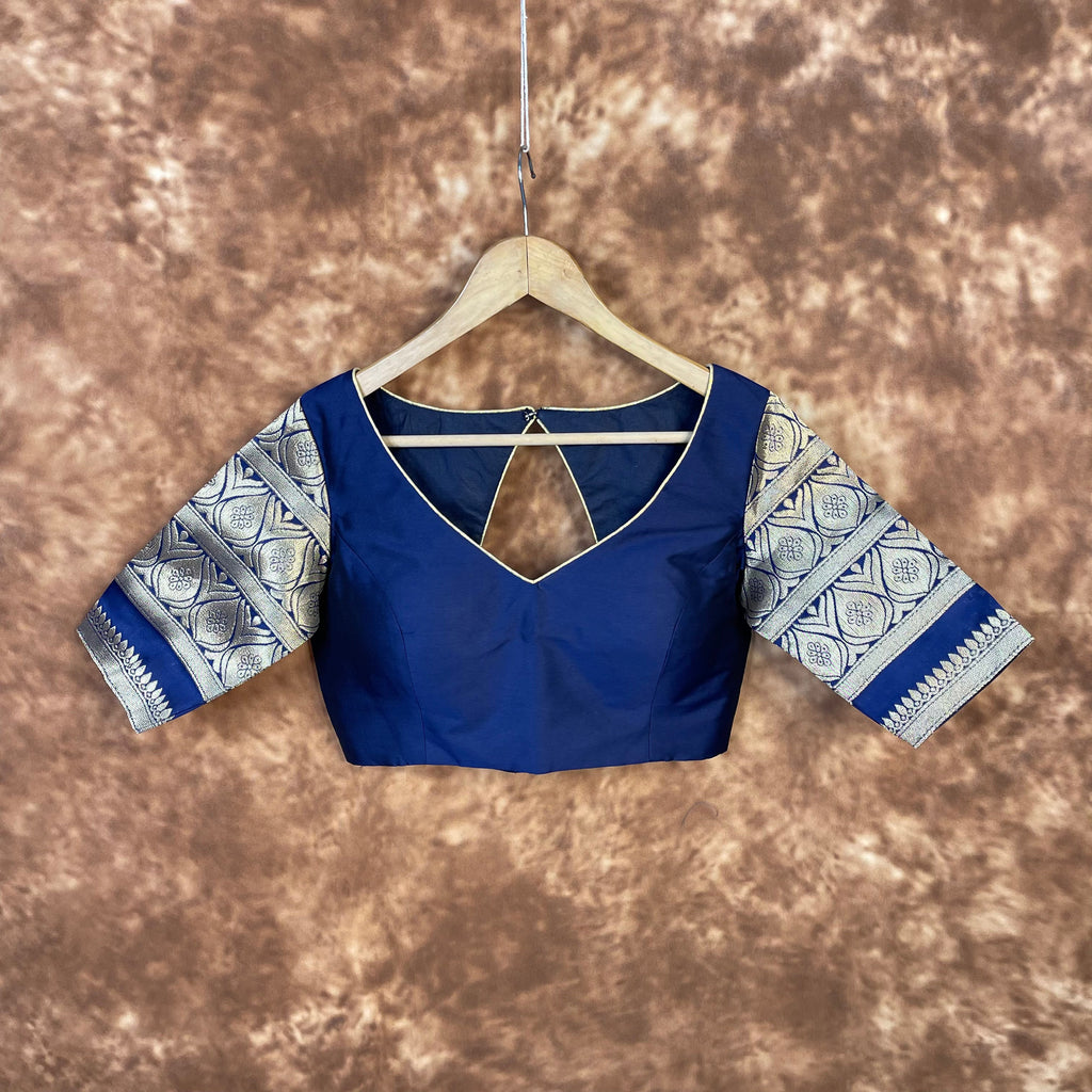 Trypan Blue Blue Coloured Silk / Broket Ready to Wear Blouse - kapda Tailor | Grocsy