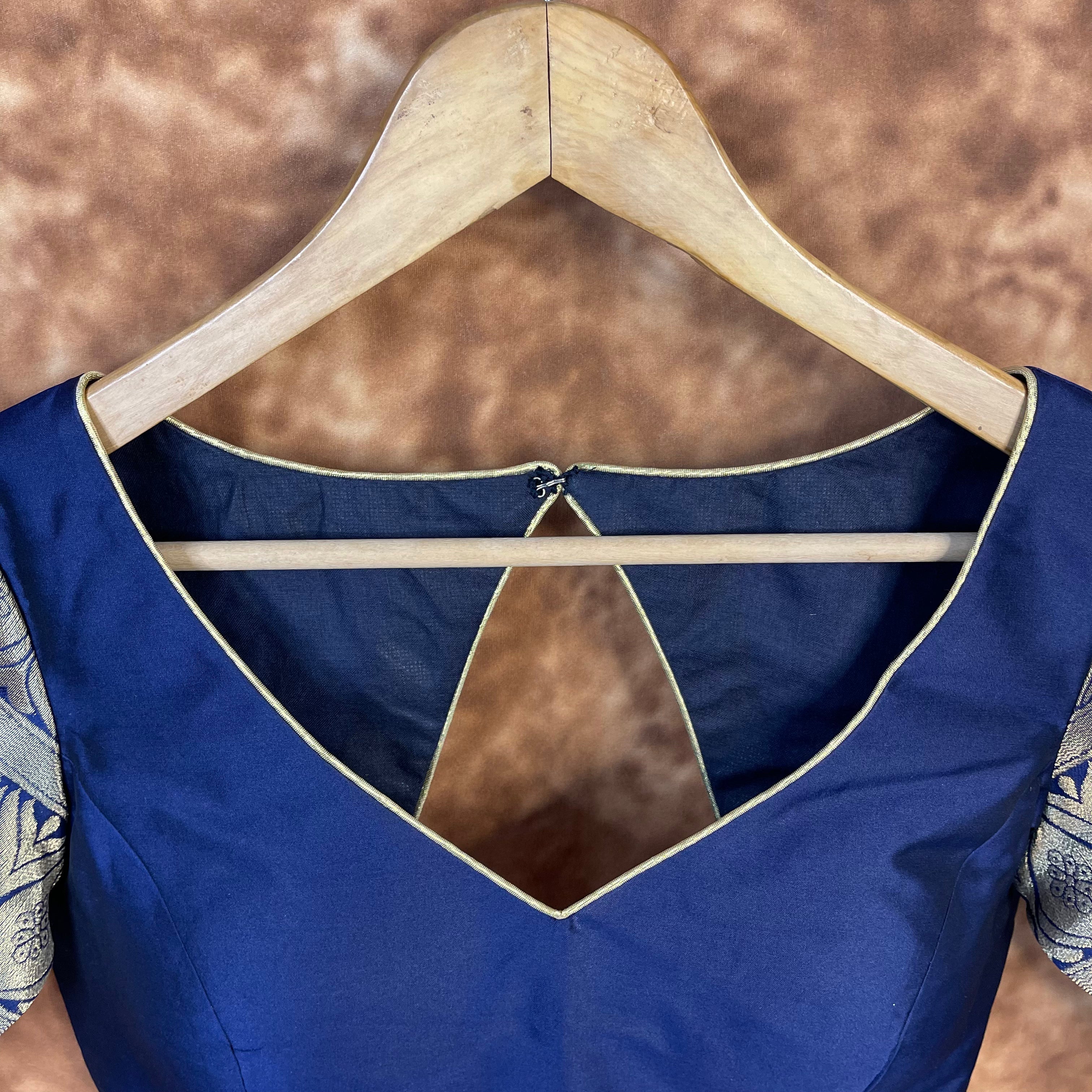 Trypan Blue Blue Coloured Silk / Broket Ready to Wear Blouse - kapda Tailor | Grocsy