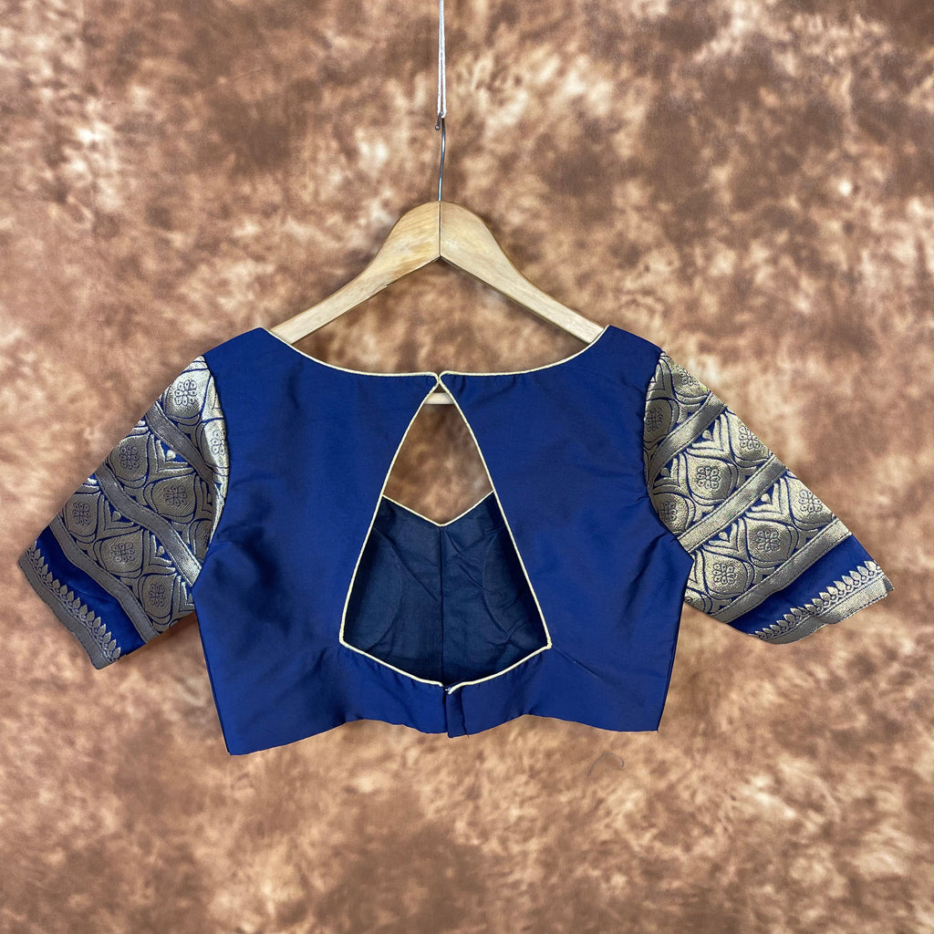 Trypan Blue Blue Coloured Silk / Broket Ready to Wear Blouse - kapda Tailor | Grocsy
