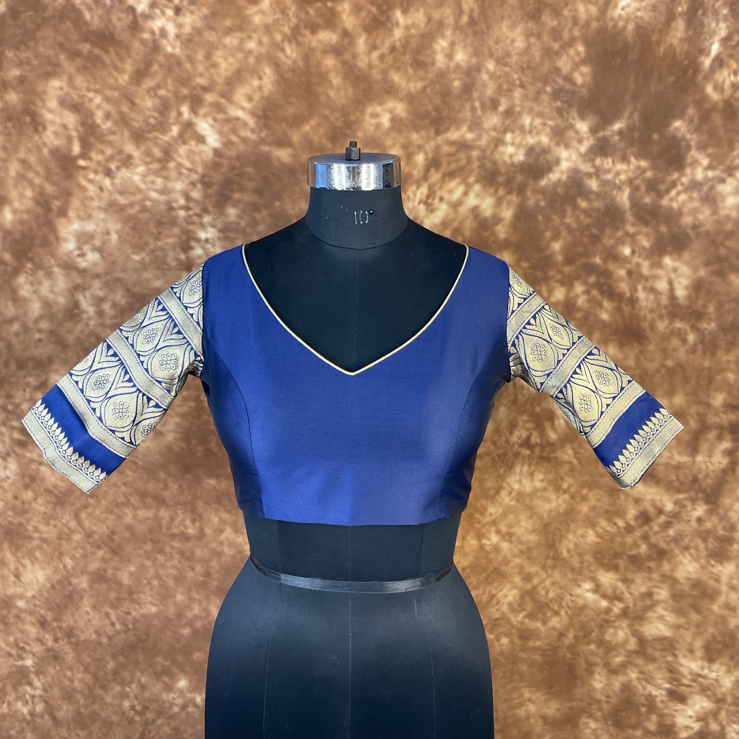 Trypan Blue Blue Coloured Silk / Broket Ready to Wear Blouse - kapda Tailor | Grocsy