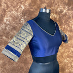 Trypan Blue Blue Coloured Silk / Broket Ready to Wear Blouse - kapda Tailor | Grocsy
