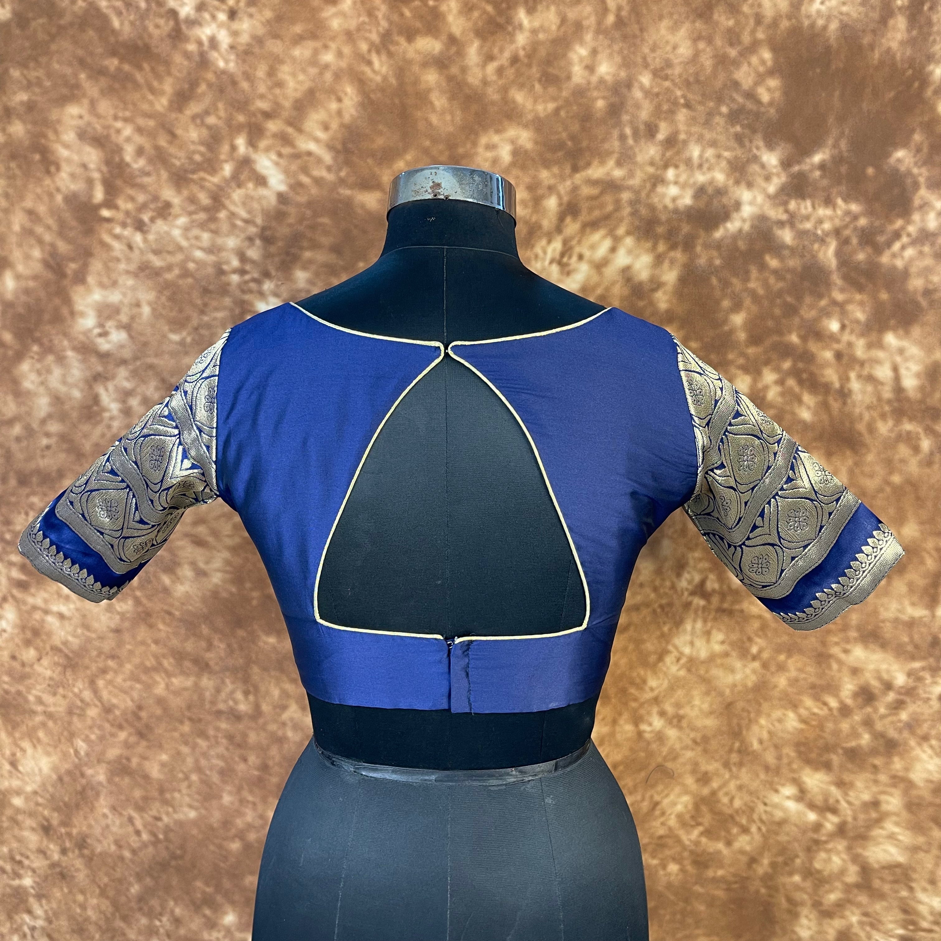 Trypan Blue Blue Coloured Silk / Broket Ready to Wear Blouse - kapda Tailor | Grocsy