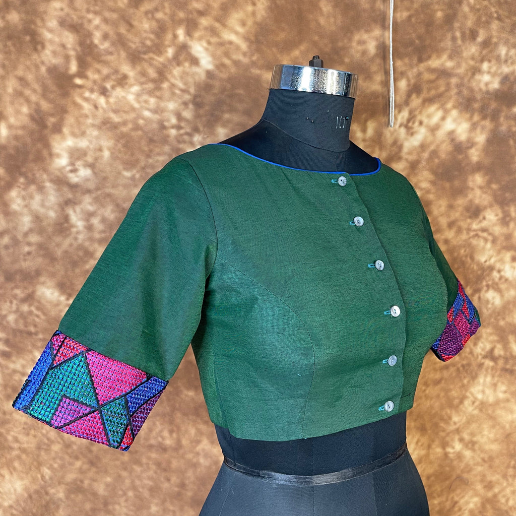 Hari Bhari Zindagi Green Coloured Chanderi Ready to Wear Blouse - kapda Tailor | Grocsy