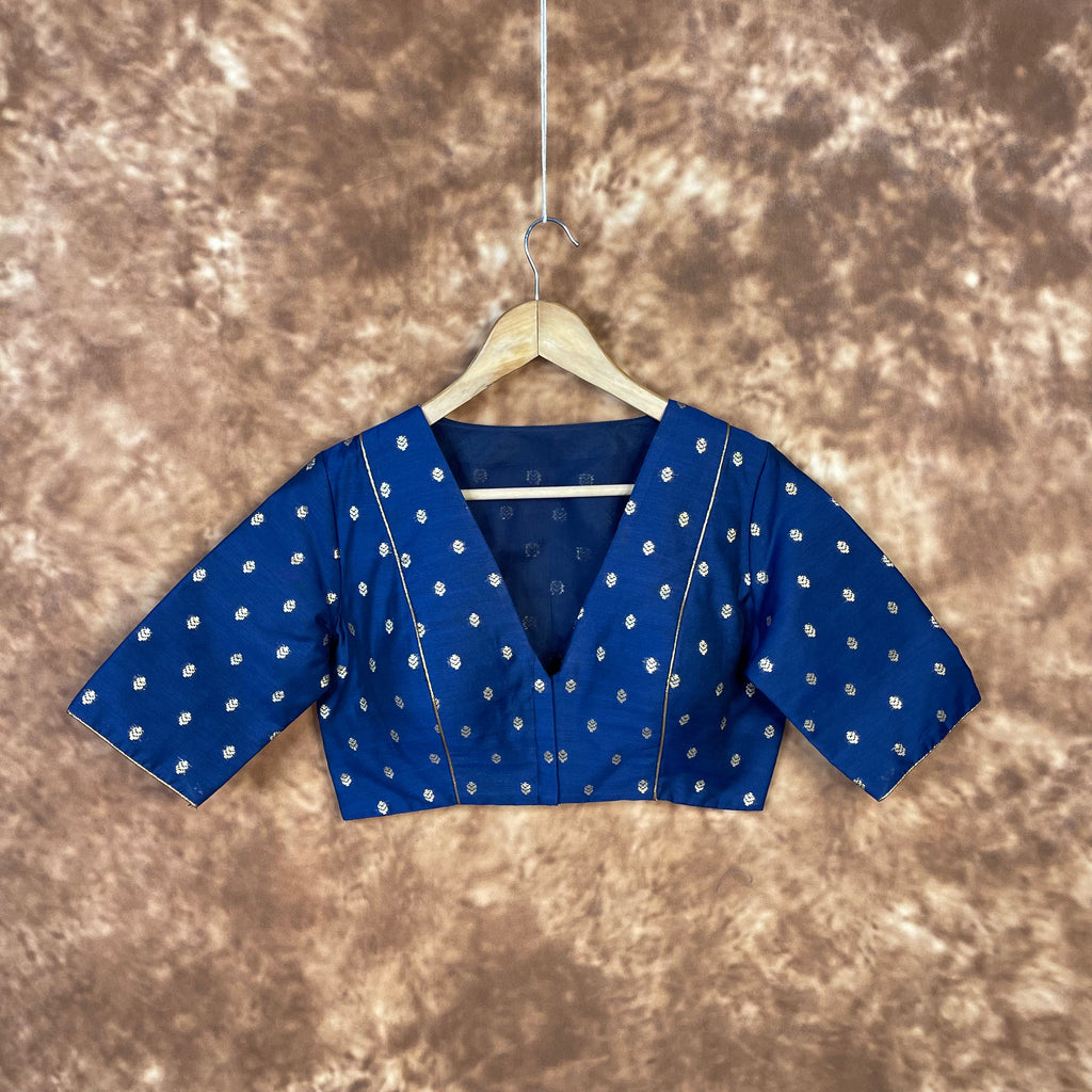 Coral Jari Buta Blue Coloured Silk With Zari Buta Ready to Wear Blouse - kapda Tailor | Grocsy