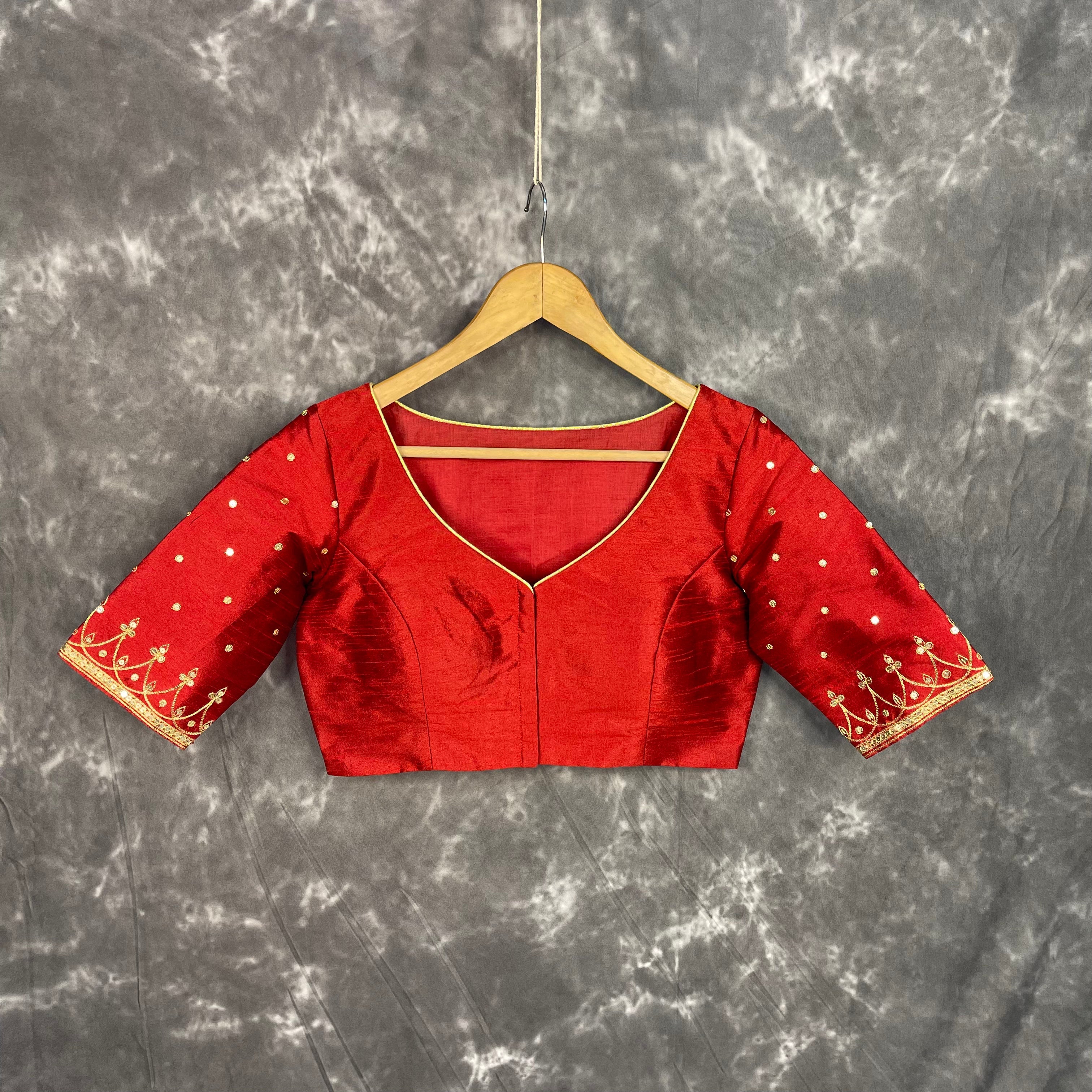 Chaatak Laal Red Coloured Art Row Silk Ready to Wear Blouse - kapda Tailor | Grocsy