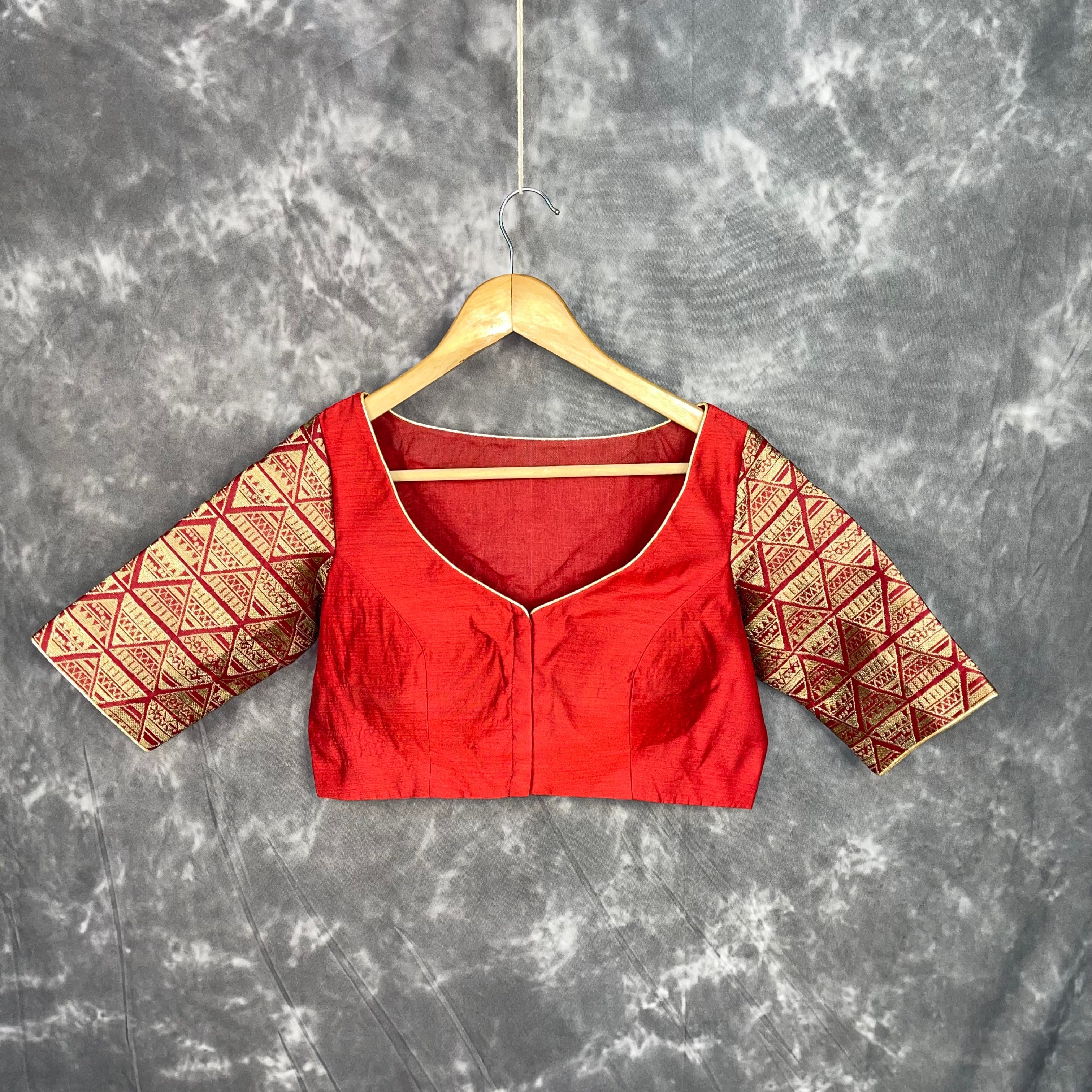 Azaad Paanchi Dark Red Coloured Chanderi Silk / Brocket Ready to Wear Blouse - kapda Tailor | Grocsy