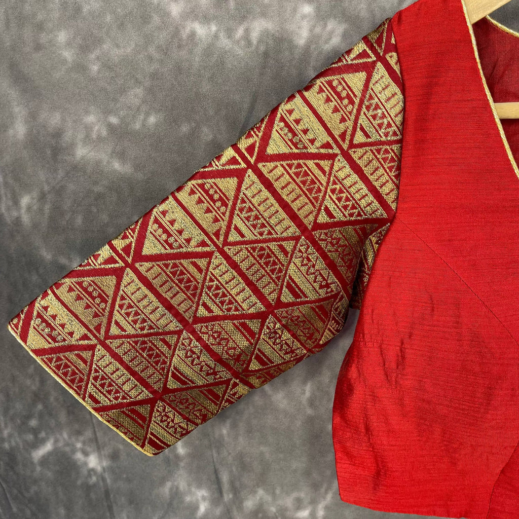 Azaad Paanchi Dark Red Coloured Chanderi Silk / Brocket Ready to Wear Blouse - kapda Tailor | Grocsy