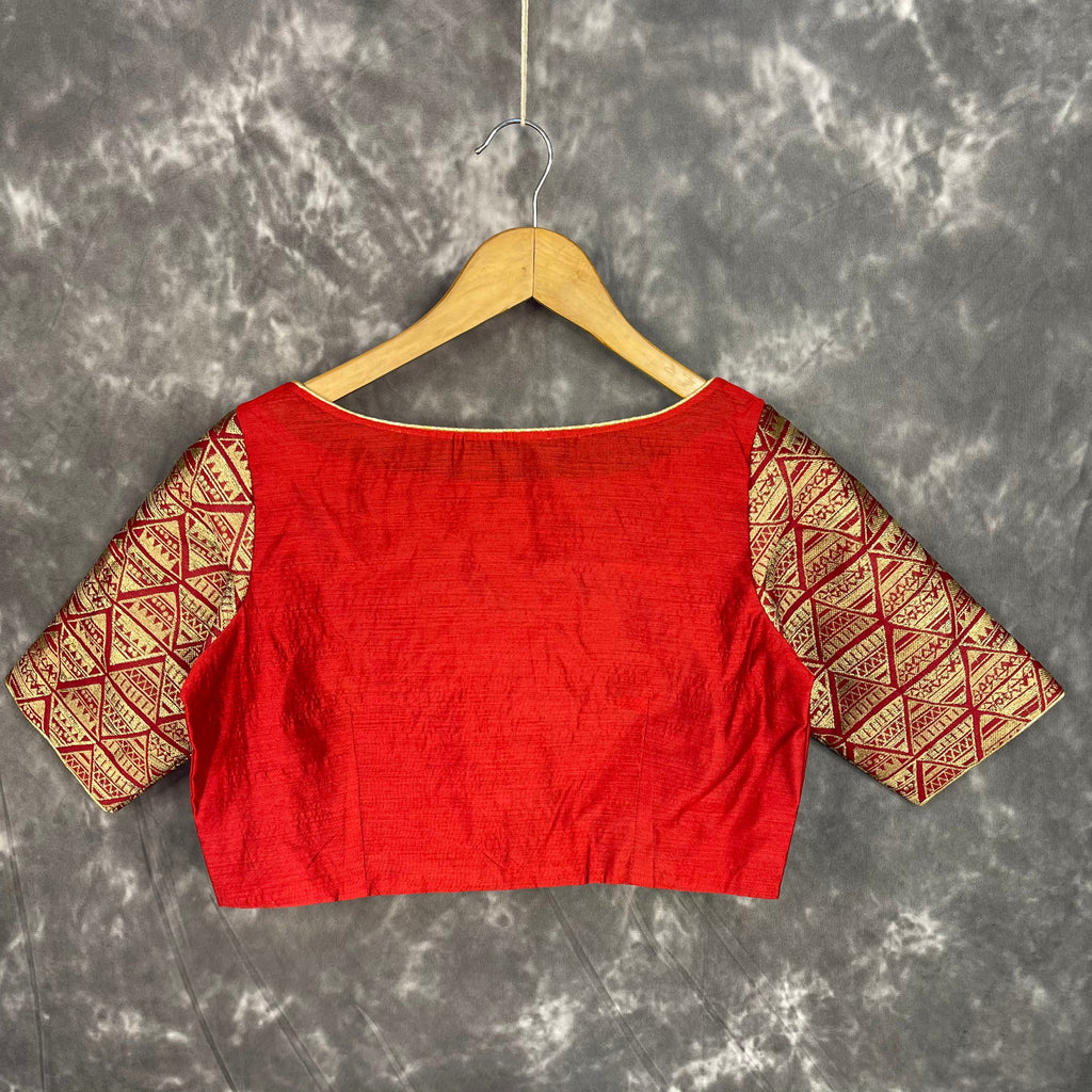 Azaad Paanchi Dark Red Coloured Chanderi Silk / Brocket Ready to Wear Blouse - kapda Tailor | Grocsy