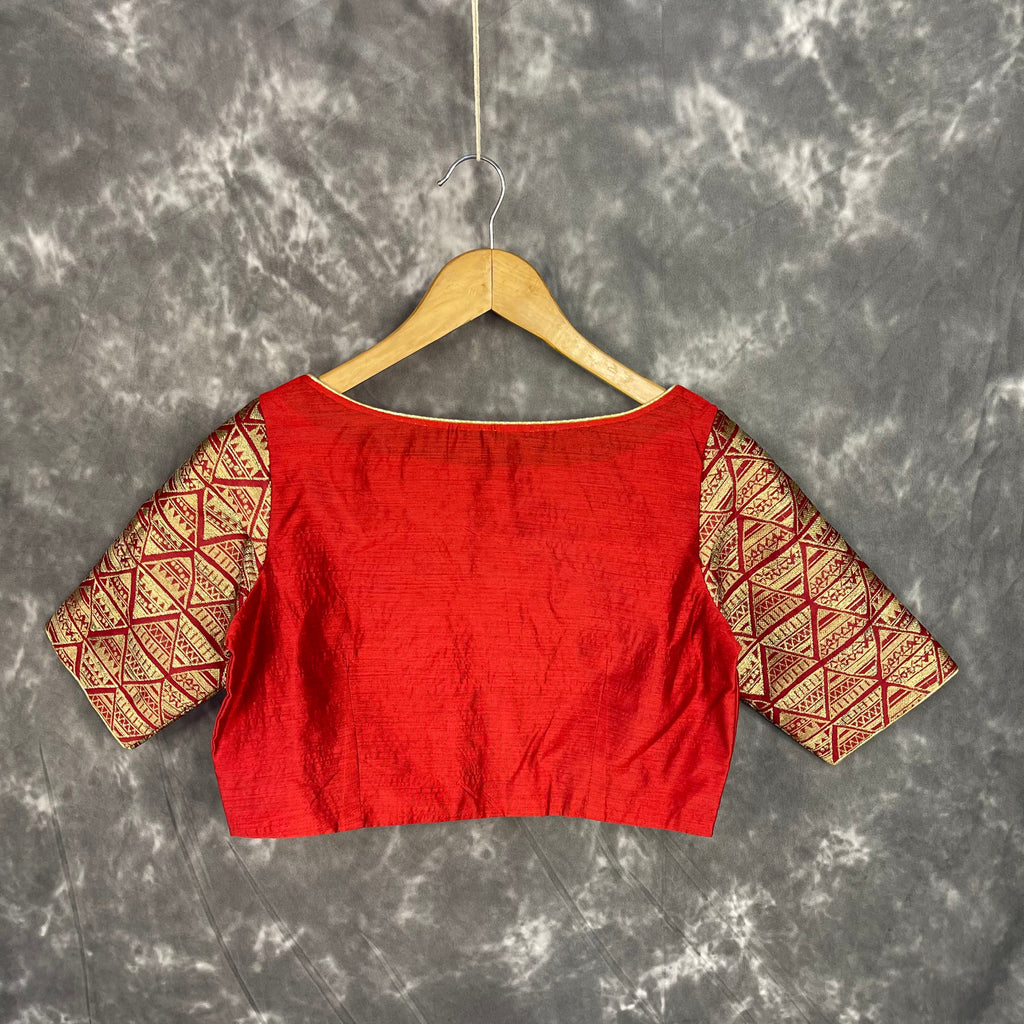 Azaad Paanchi Dark Red Coloured Chanderi Silk / Brocket Ready to Wear Blouse - kapda Tailor | Grocsy