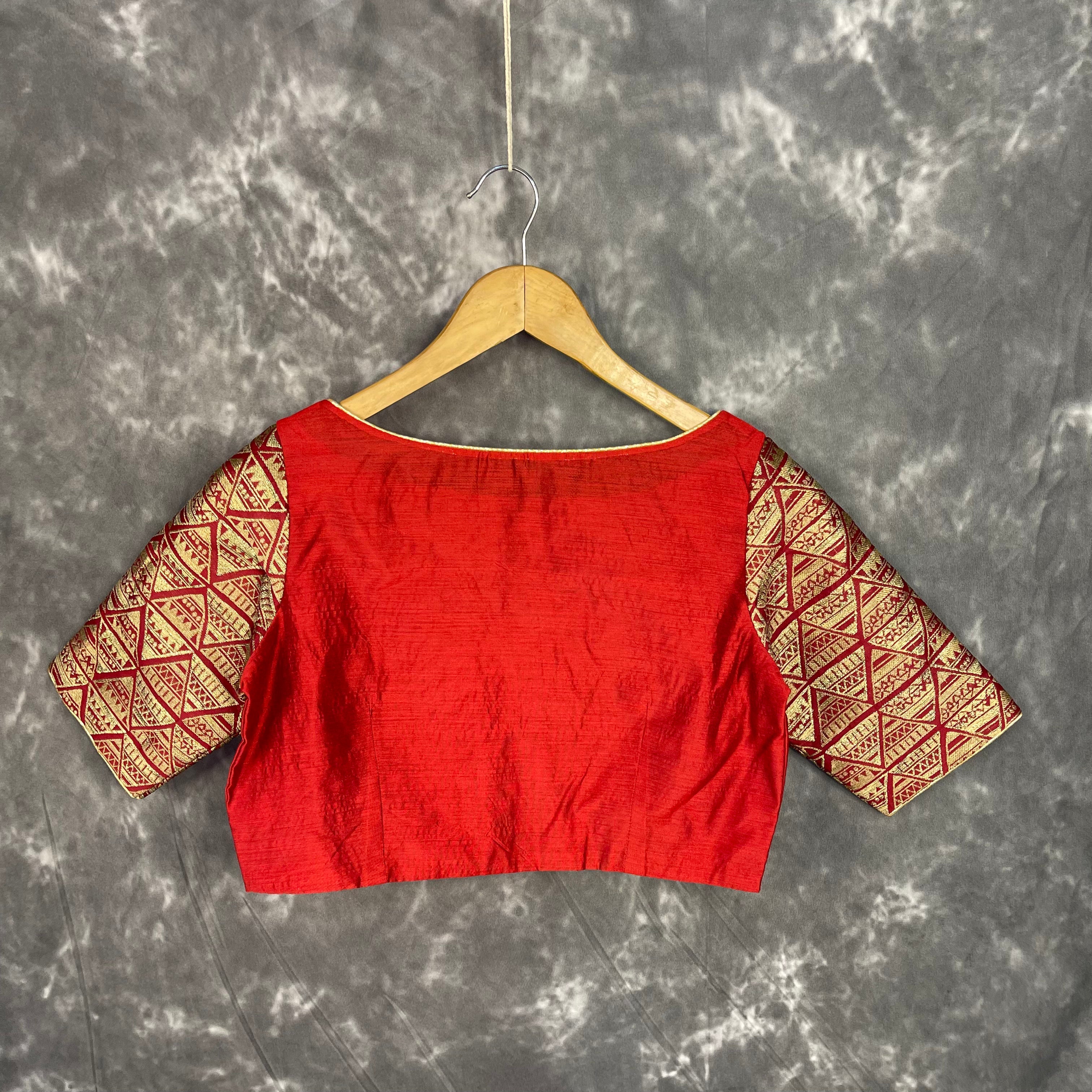 Azaad Paanchi Dark Red Coloured Chanderi Silk / Brocket Ready to Wear Blouse - kapda Tailor | Grocsy