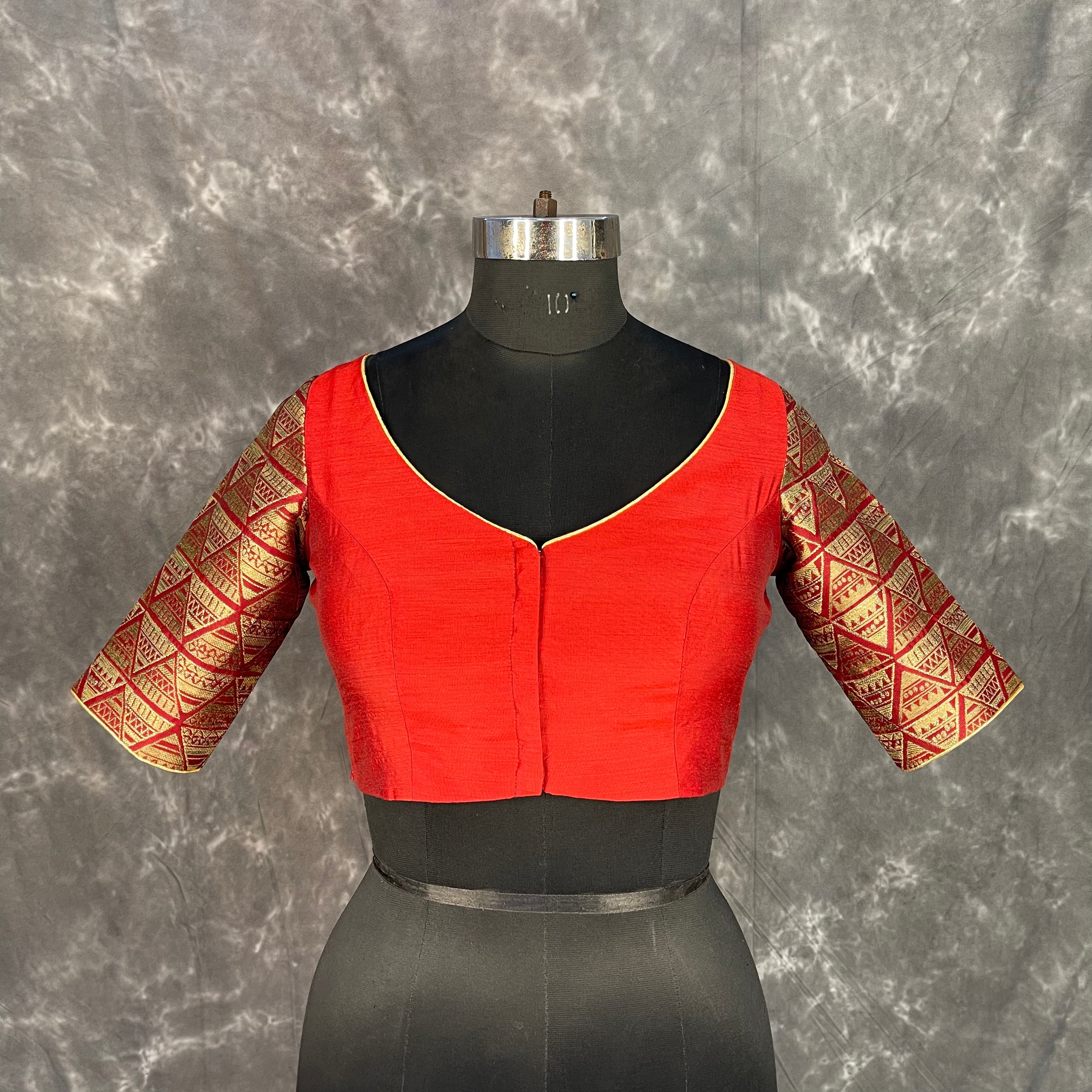 Azaad Paanchi Dark Red Coloured Chanderi Silk / Brocket Ready to Wear Blouse - kapda Tailor | Grocsy