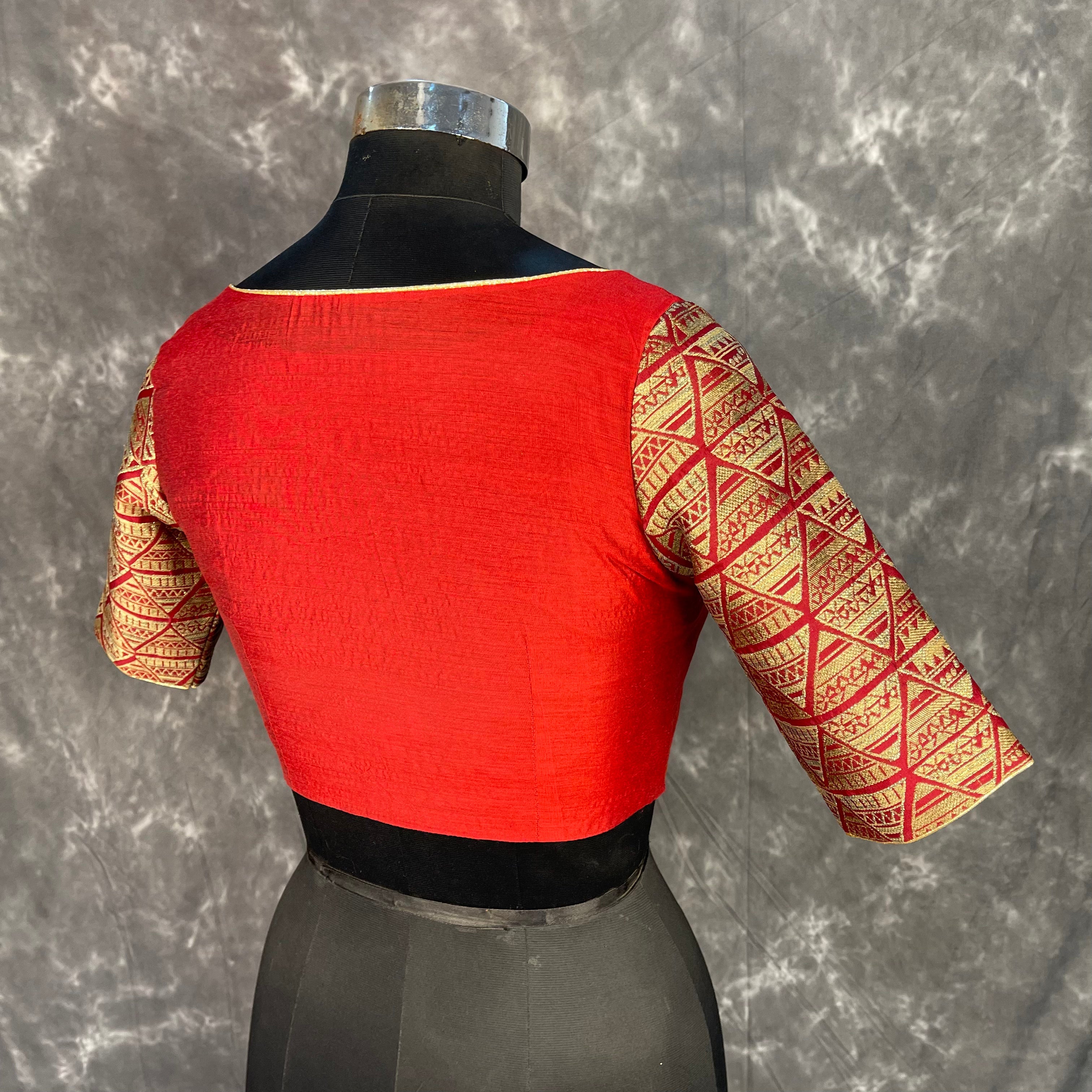 Azaad Paanchi Dark Red Coloured Chanderi Silk / Brocket Ready to Wear Blouse - kapda Tailor | Grocsy