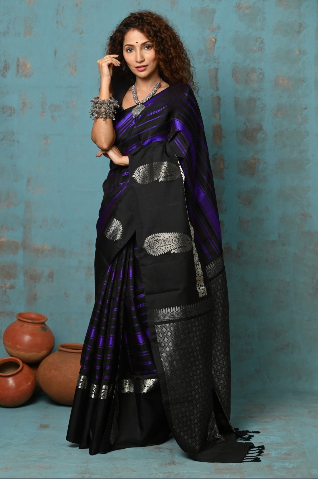 Very Much Indian Anokhi - Handloom Pure Silk Designer Saree - Black and Purple Designer (Limited Edition) | Grocsy