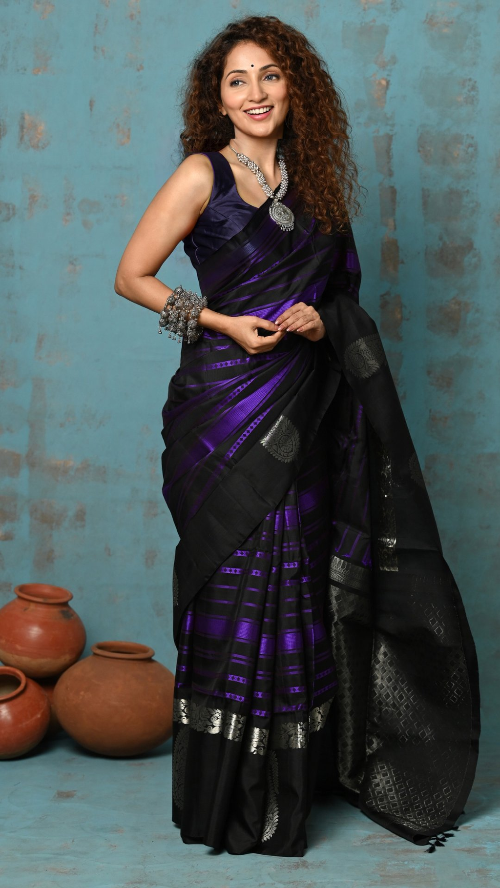 Very Much Indian Anokhi - Handloom Pure Silk Designer Saree - Black and Purple Designer (Limited Edition) | Grocsy