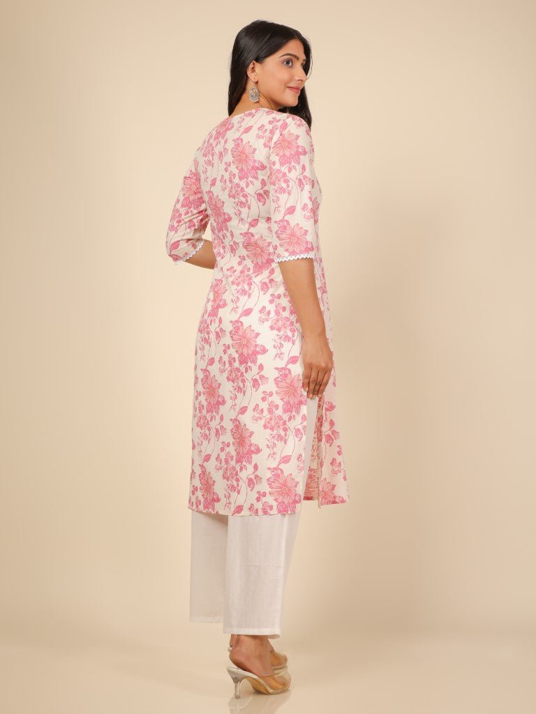 Aramya Straight Soft Cotton Floral Print Women's Kurta - White | Grocsy