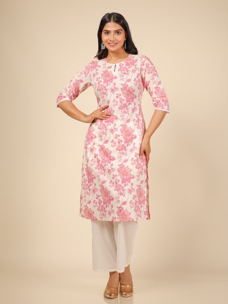 Aramya Straight Soft Cotton Floral Print Women's Kurta - White | Grocsy